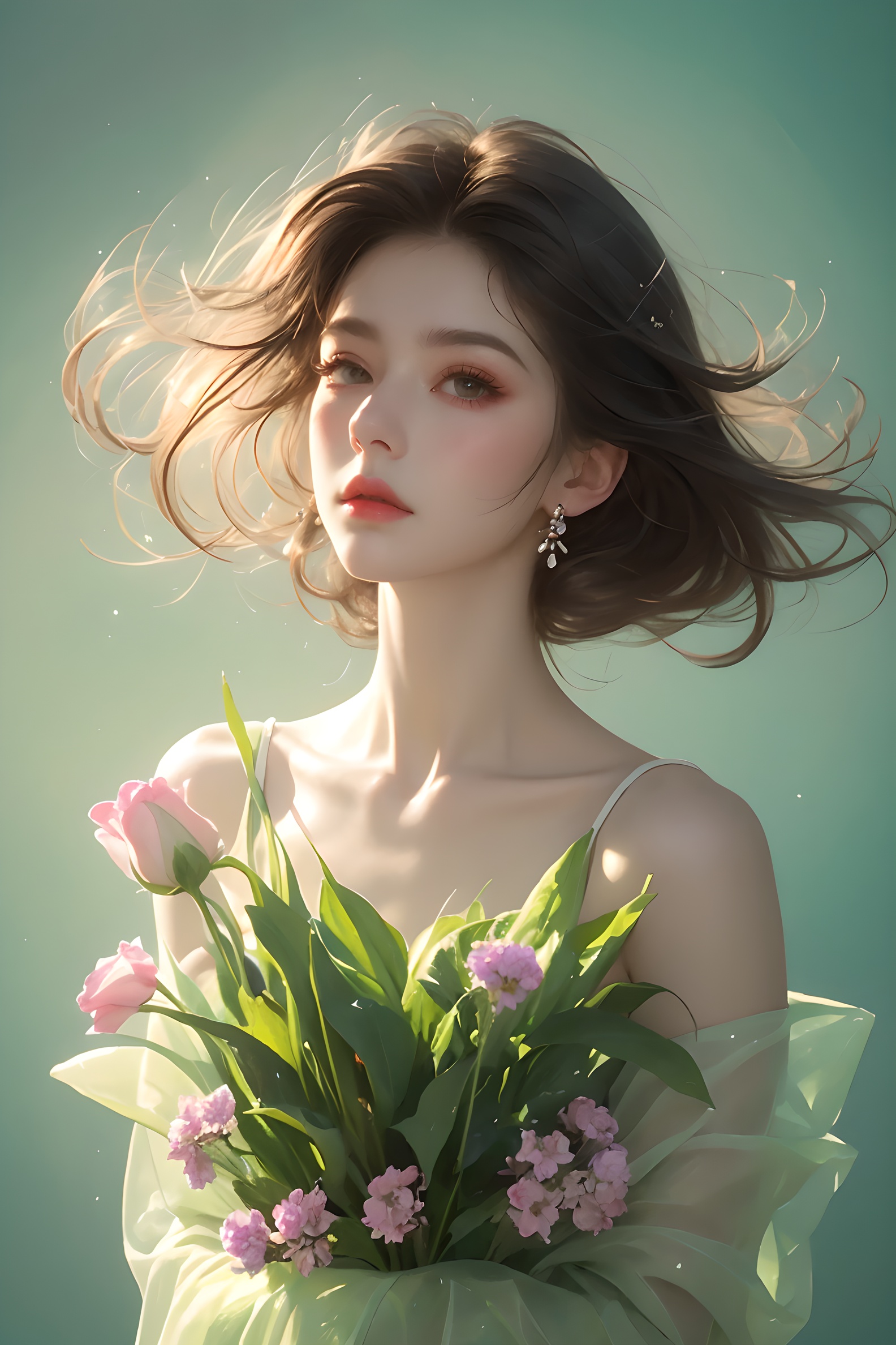 Psychedelic style doodle of a girl,pretty face,lovely dress,dynamic angle,flowers,plants,Vibrant colors,abstract forms,surreal,full_body, <lora:春风十里:0.8>