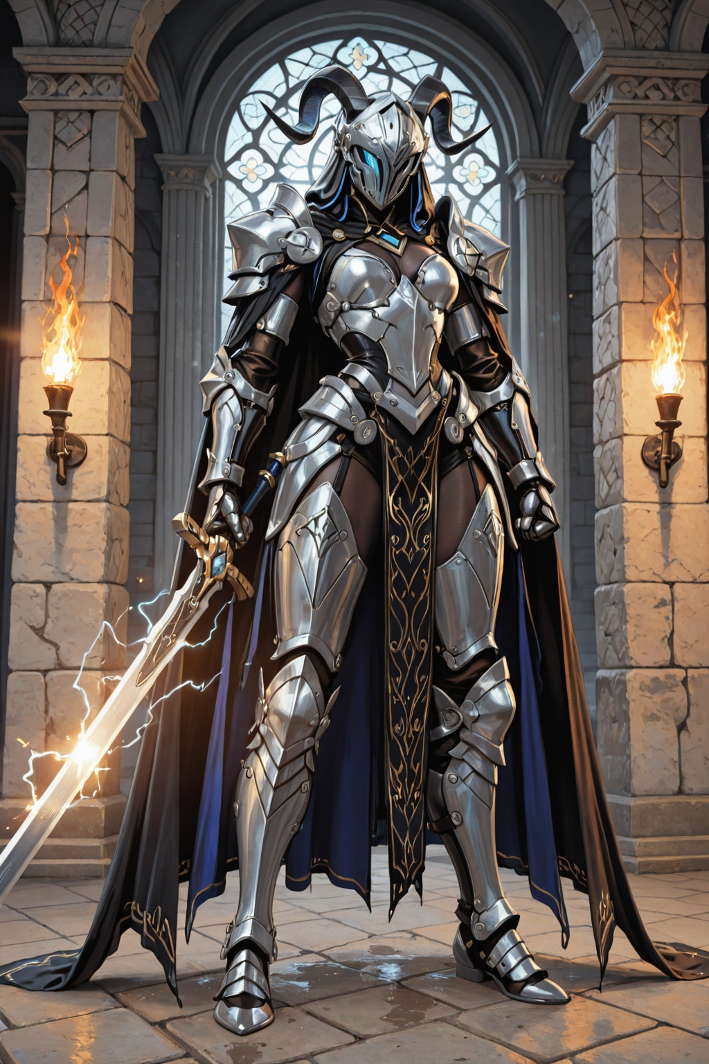 A photorealistic 3D render of a towering male knight in highly intricate futuristic medieval armor standing dominantly in...