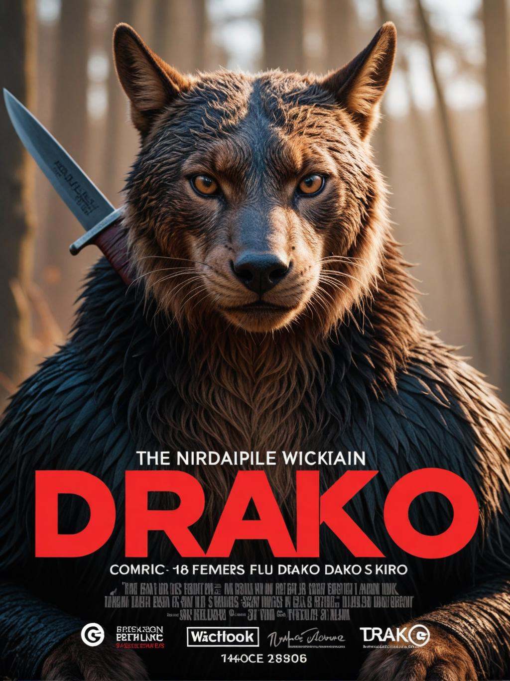 (movie poster with title and text graphics:1.3) (under the title banner text logo "D\R\A\K\O":1.5),, beautiful fenn_victoria with knife, rule of thirds photography, full body portrait, wide view, bokeh blur, photography, intricate detail, intricately detailed, hyperrealistic, cinematic, atmospheric, full body and face, Bokeh blur, hyper detail, incredible lighting and depth, Yashica T4 Kodak Ektachrome 100, 24mm, 8k,