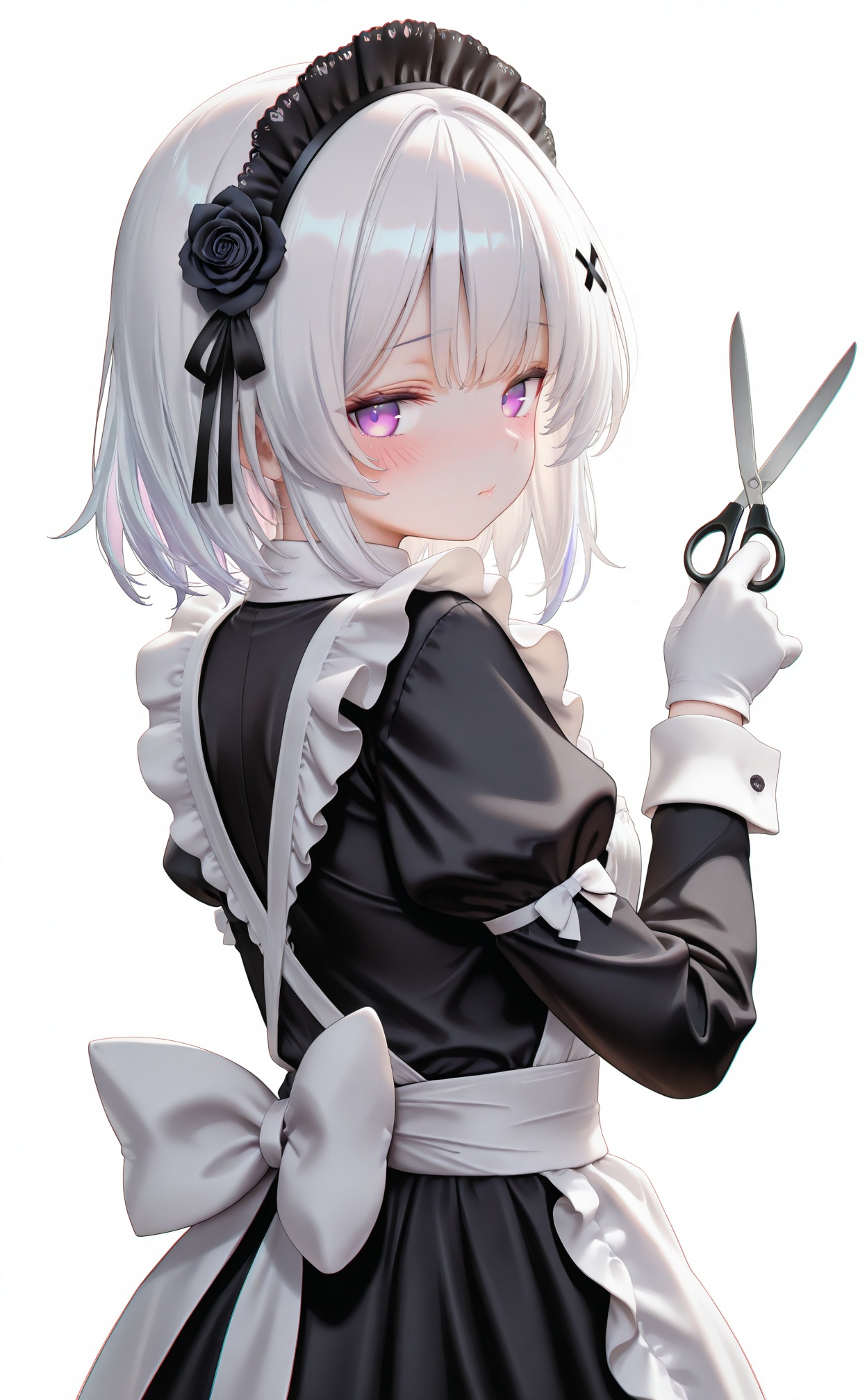 masterpiece,absurdres,best quality,high quality,chromatic_aberration,//,1girl,scissors,solo,long sleeves,back bow,looking at viewer,black flower,white background,closed mouth,flower,apron,purple eyes,dress,maid,hairband,black dress,puffy sleeves,hair ornament,simple background,juliet sleeves,white apron,upper body,rose,frills,short hair,white hair,hair flower,blush,black rose,white gloves,multicolored hair,holding,bow,from side,looking back,maid headdress,//,<lora:228zjlt——【CKXL】hans:0.8>,