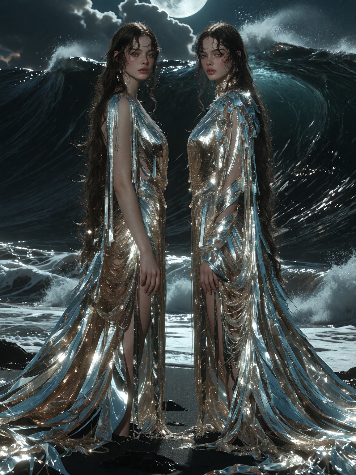 Two identical twin women standing side by side on the shore at night,  full body shot. They look like mirror reflections o...