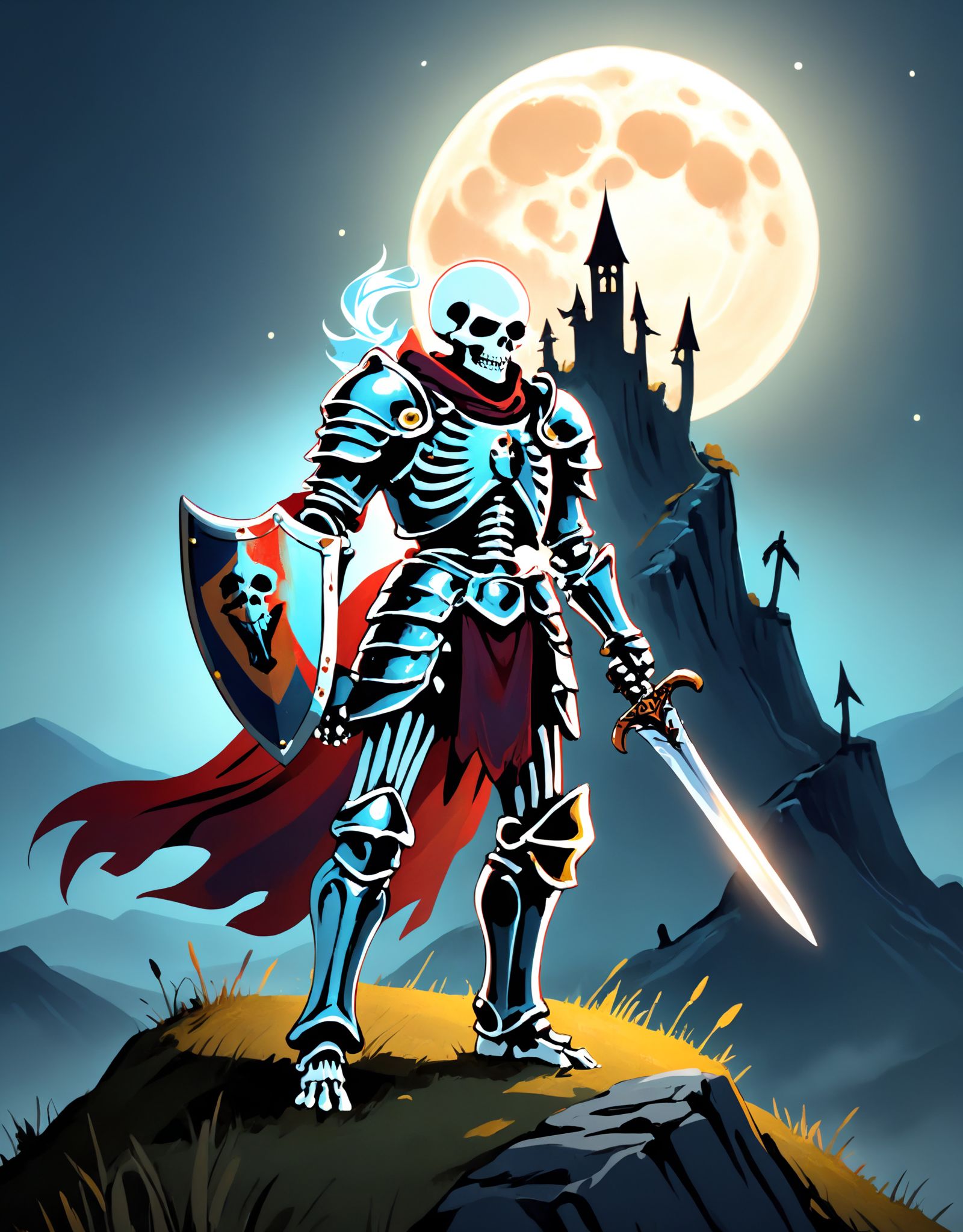 Illustration of a brave skeleton knight clad in ancient armor,  wielding a shining sword and shield,  standing atop a hill...