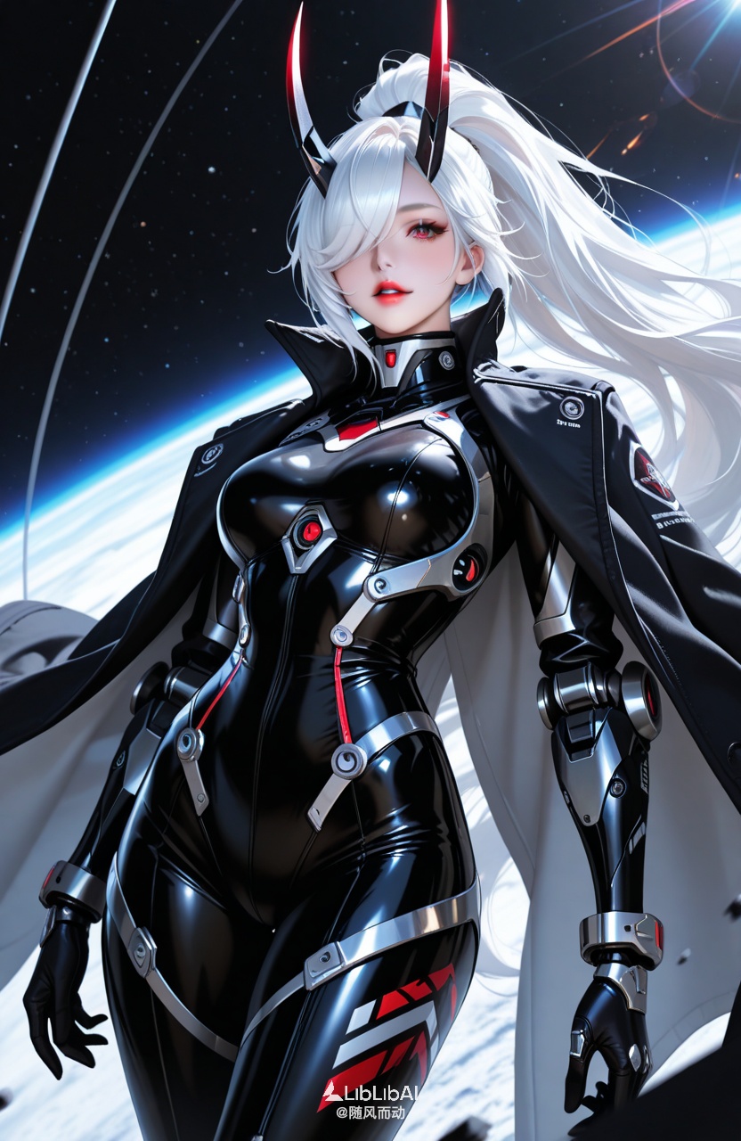 masterpiece,best quality,amazing quality,very awa,very aesthetic,absurdres,highres,high detail,detailed background,dynamic pose,skindentation,ultra-detailed,beautiful face,beautiful eyes,depth of field,, 1girl,solo,long hair,very_long_hair,eyelashes,light smile,(alternate costume:1.3),red lips,parted lips,looking at viewer,, wide shot,high ponytail,hair over one eye,white hair,demon horns,cape,helmet,space bodysuit,black coat,mechanical arms at sides,intricate patterns,(universe backround),volumetric lighting,(geometric accents:1.2),foreshortening,abrstact background,, Negative prompt: mutated hands,malformed hands,poorly drawn hands,too many fingers,fused fingers,missing fingers,worst quality,low quality,worst aesthetic,normal quality,bad quality,lowres,jpeg,bad anatomy,bad hands,signature,watermarks,ugly,disfigured,extra limb,missing limbs,extra legs and arms,,nsfw, Steps: 28, Sampler: Euler a, CFG scale: 6.0, Seed: 736615529, Size: 832x1280, Model hash: d5e03c85ef, Model: windmix_ill2.5d_v2.0.safetensors, Denoising strength: 0, RNG: CPU, vae_name: automatic