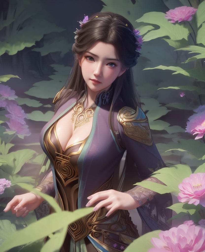 <lora:548-DA-师兄啊师克-碧霄:0.8>(,1girl, ,best quality, ),looking at viewer,,anime,(masterpiece, top quality, best quality, official art, beautiful and aesthetic:1.2), (1girl)	, , (cleavage),extreme detailed,(fractal art:1.3),colorful, flowers ,highest detailed,(by Jeremy Lipking)    (cleavage), (),