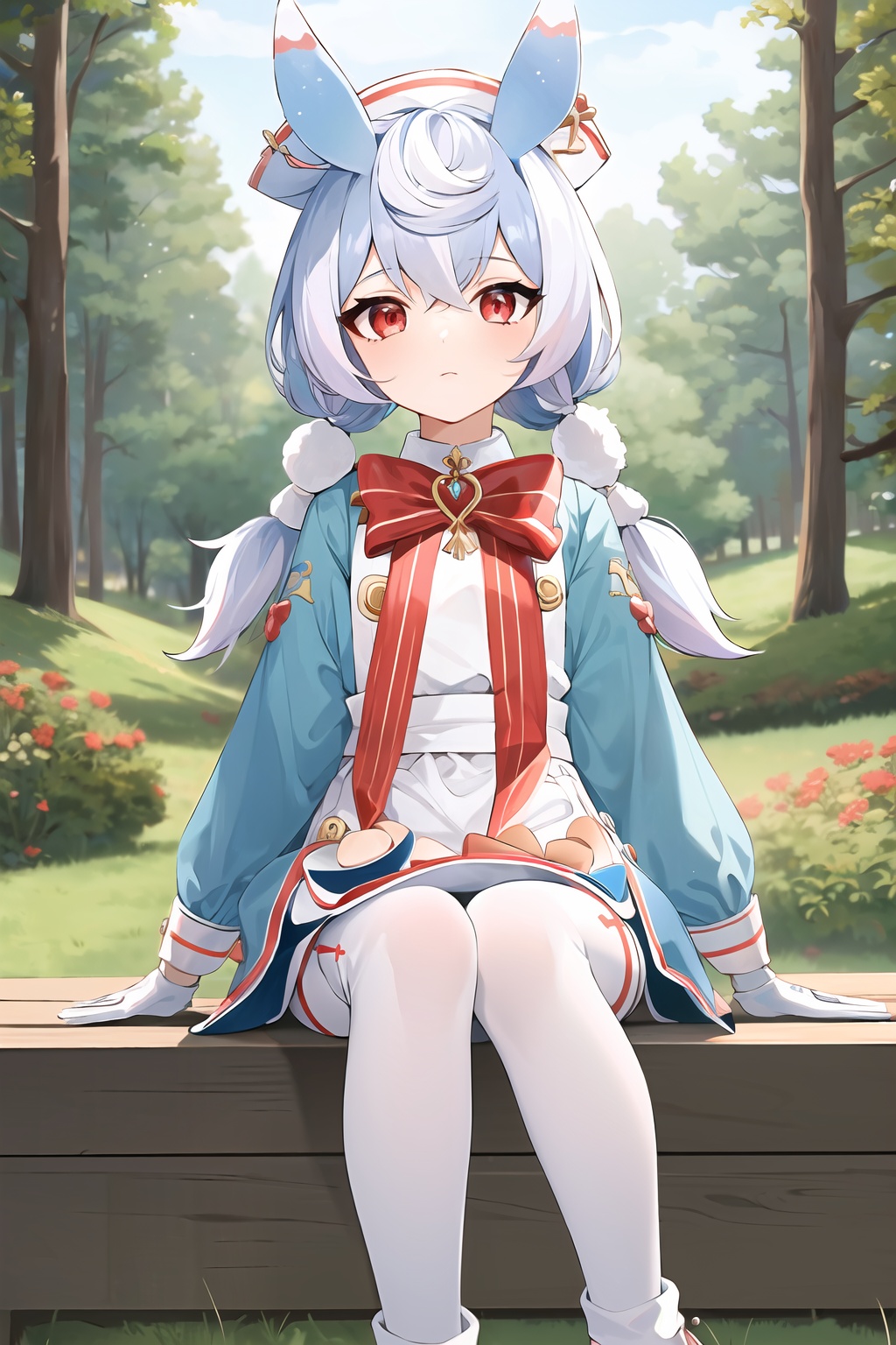 (masterpiece, best quality:1.2),insanely detailed,absurdres,ultra-highres,ultra-detailed,best quality,slender,kawaii,perfect symmetrical face,ultra cute girl,ultra cute face,ultra detailed eyes,ultra cute,ultra beautifu,<lora:sigewinneT-000008:1>,sigewinne \(genshin impact\),1girl,solo,white gloves,red eyes,pom pom \(clothes\),long sleeves,short twintails,red bow,white headwear,animal ears,white apron,hite pantyhose,bowtie,dress,blue hair,pom pom hair ornament,boots,pantyhose,gloves,vision \(genshin impact\),standing,sitting,nature,