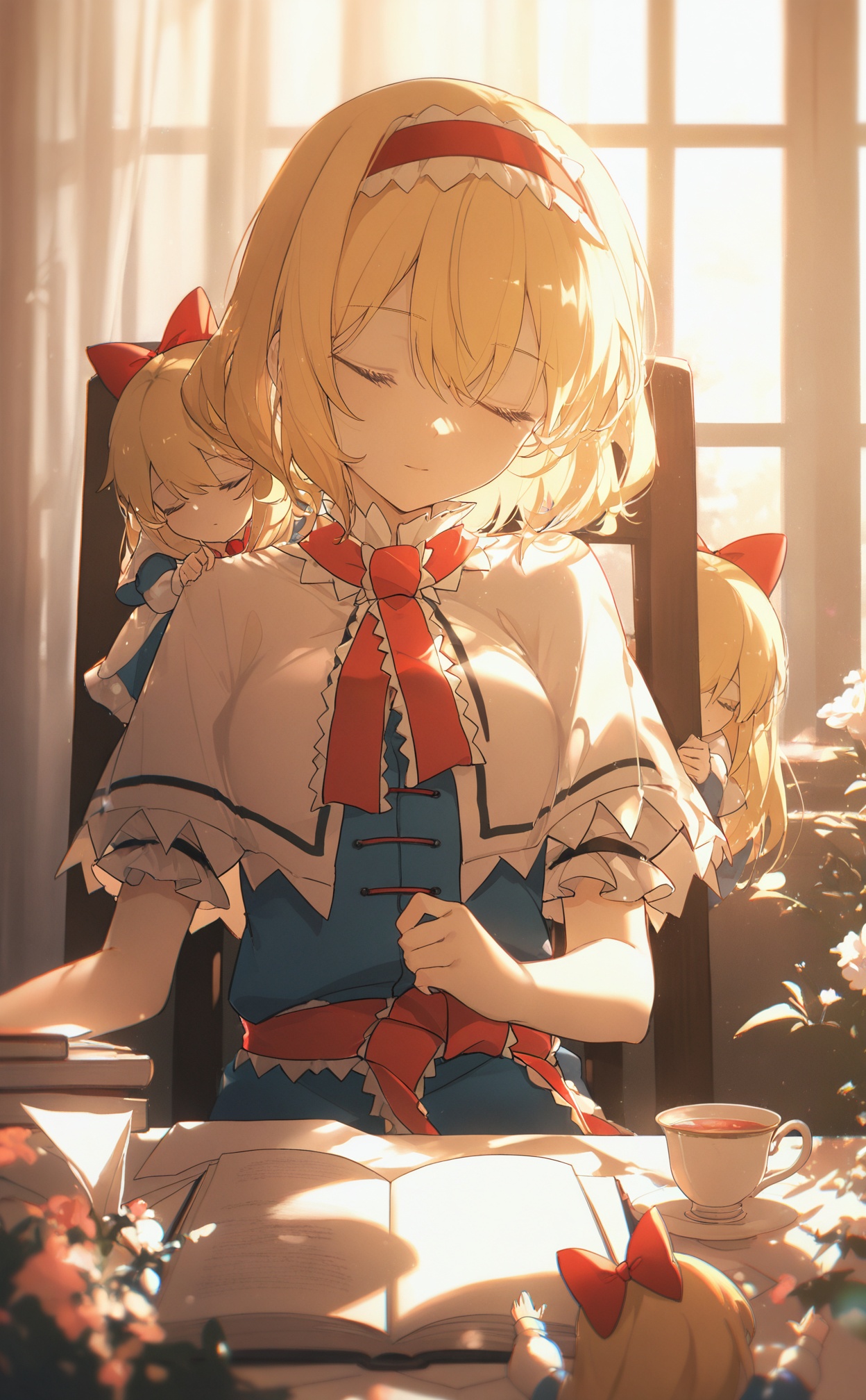 masterpiece,very aware,highres,absurdres,newest,best quality,loli,petite,high quality,chromatic_aberration,//,illustration,ultra detailed,hdr,Depth of field,(colorful),Artist rokusai,shanghai doll,alice margatroid,cup,hairband,closed eyes,bow,window,blonde hair,book,capelet,hair bow,flower,red bow,sleeping,short hair,curtains,plant,dress,long hair,1girl,blue dress,teacup,red hairband,chair,open book,paper,holding,//,<lora:konya_karasue——【noob】hans:0.8>,