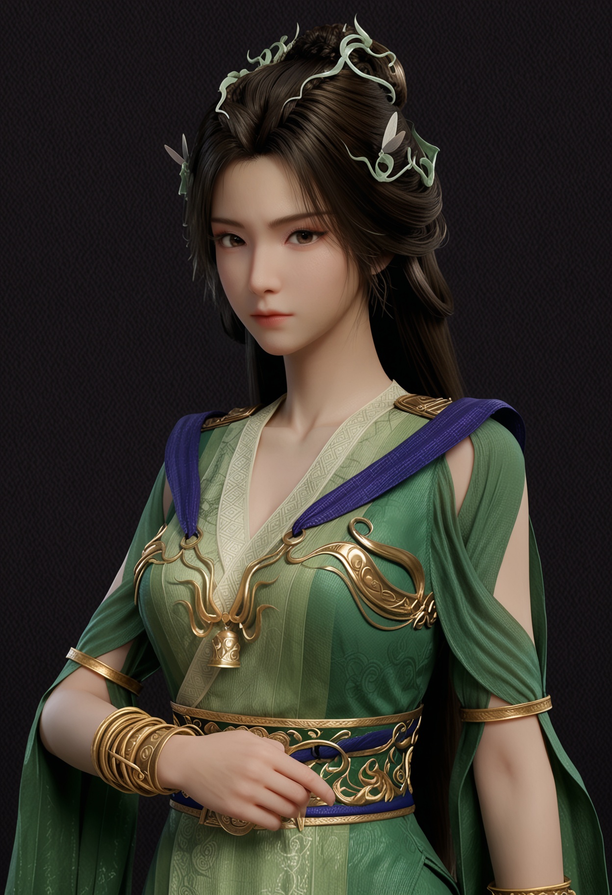 score_9,looking_at_viewer,upper body,(large breasts:0.8),hanyunzhi,1girl,solo,black hair,long hair,hair ornament,green dress,realistic,dress,closed mouth,jewelry,bracelet,chinese clothes,sash,brown eyes,hair bun,(simple background,pure black background,black background:1.1),perfect_anatomy,<lora:QQSponyhanyunzhiV1:0.8>,