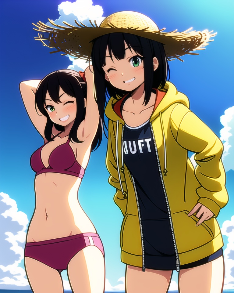 (best quality), ((masterpiece)), (highres), illustration, original, extremely detailed,  <lora:yongyiduoren:0.8>yyds, toshinou kyouko, funami yui, multiple girls, 2girls, swimsuit, bikini, beachball, blonde hair, hat, ball, smile, closed eyes, black hair, navel, long hair, grin, day, hoodie, hood, outdoors, short hair, hair bow, beach, open hoodie, green eyes, bow, straw hat, cloud, arms up, sky, jacket