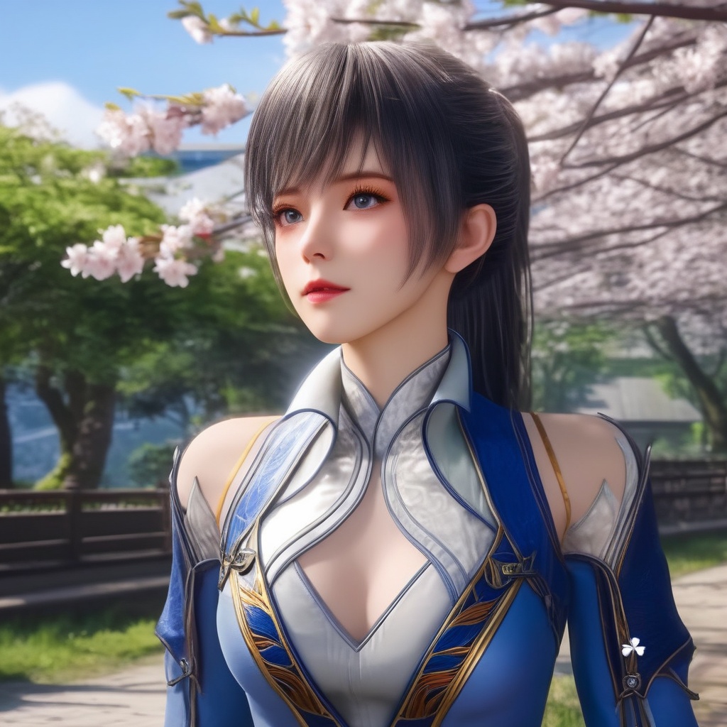 <lora:849-DA-XL-斗罗大陆-唐雅:0.8>, (,1girl, ,best quality, ),,  ultra realistic 8k cg,ultra detailed 8k cg,masterpiece,upper body,  (( , )),, ,science fiction,mole, ,    ,outdoors, sun,sunlight, cherry blossoms,      (cleavage),,  (),