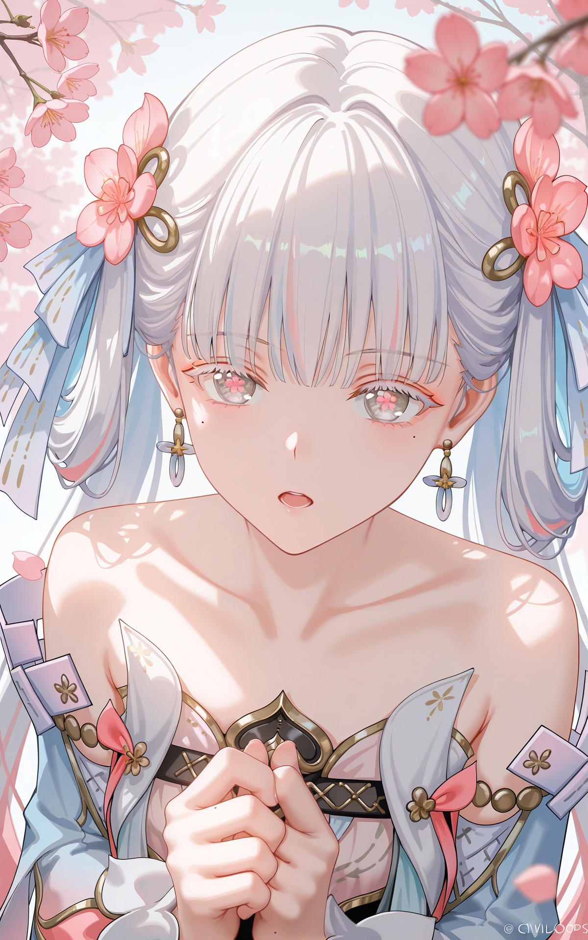 8k,best quality,masterpiece,(ultra-detailed),(high detailed skin),((artist:reoen),(artist:fuzichoco),(artist:atdan),(artist:torino_aqua),year 2024:0.8),[artist:wlop],[artist:ningen_mame],artist:ciloranko,[[artist:rhasta]],artist:tidsean,colorful,jinhsi:TaoYaoZhuoZhuo\(wuthering waves\),1girl,solo,hair ornament,jewelry,flower,grey hair,mole under eye,peach blossom pupils,hair flower,mole,looking at viewer,multicolored hair,earrings,bare shoulders,virtual youtuber,pink hair,own hands together,long hair,cherry blossoms,dress,collarbone,braid,pink flower,open mouth,blush,grey eyes,upper body,petals,<lora:xl-ill-jinhsi_TYZZ(wuthering waves)v1-000010:1>,from_above,close-up,