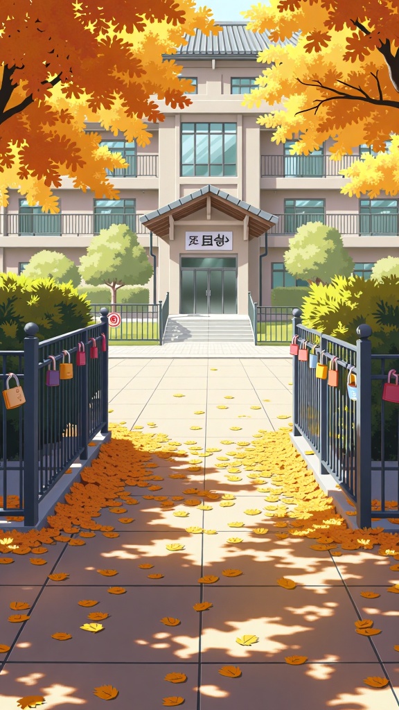 RMCJ,South Korea campus cartoon style,covered with ginkgo and fallen leaves,iron net railings hung with student wishing locks,fuzzy figures running on the playground in the distance,45-degree overlooking composition,warm brown and yellow tone,
