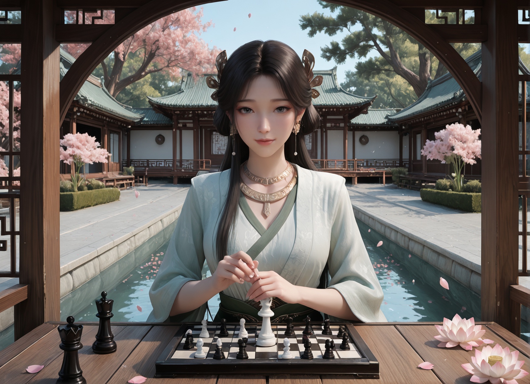 masterpiece,best quality,realistic,outdoors,chinese style architecture,(suzhou gardens:1.2),POV,a huge peach tree,peach_blossom,falling petals,hpflower,water,in the pavilion,round stone table,chessboard,(lotus:1.1),koi_de_wa_naku,<lora:illustrious-梅凝-v1.6:0.65>,1girl,meining,upper body,black hair,long hair,jewelry,hair ornament,earrings,necklace,hanfu,sitting,light smile,playing chess,holding chess_piece,looking at viewer,