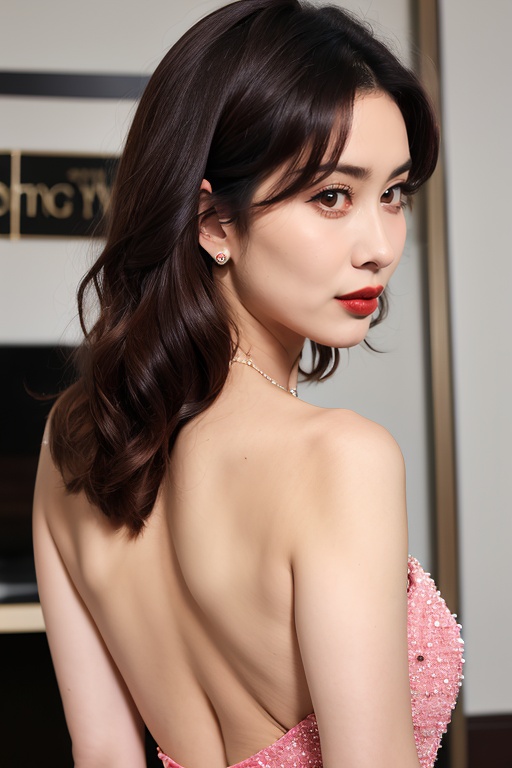 マスターチーフ PHOTOREALISTIC REALISTIC,masterpiece,best quality,highres,ultra detailed,8k,1woman,upper body,from behind,backless dress, looking back at viewer,makeup,lipstick,indoors,<lora:mengziyiAlexnsfw80:0.6>