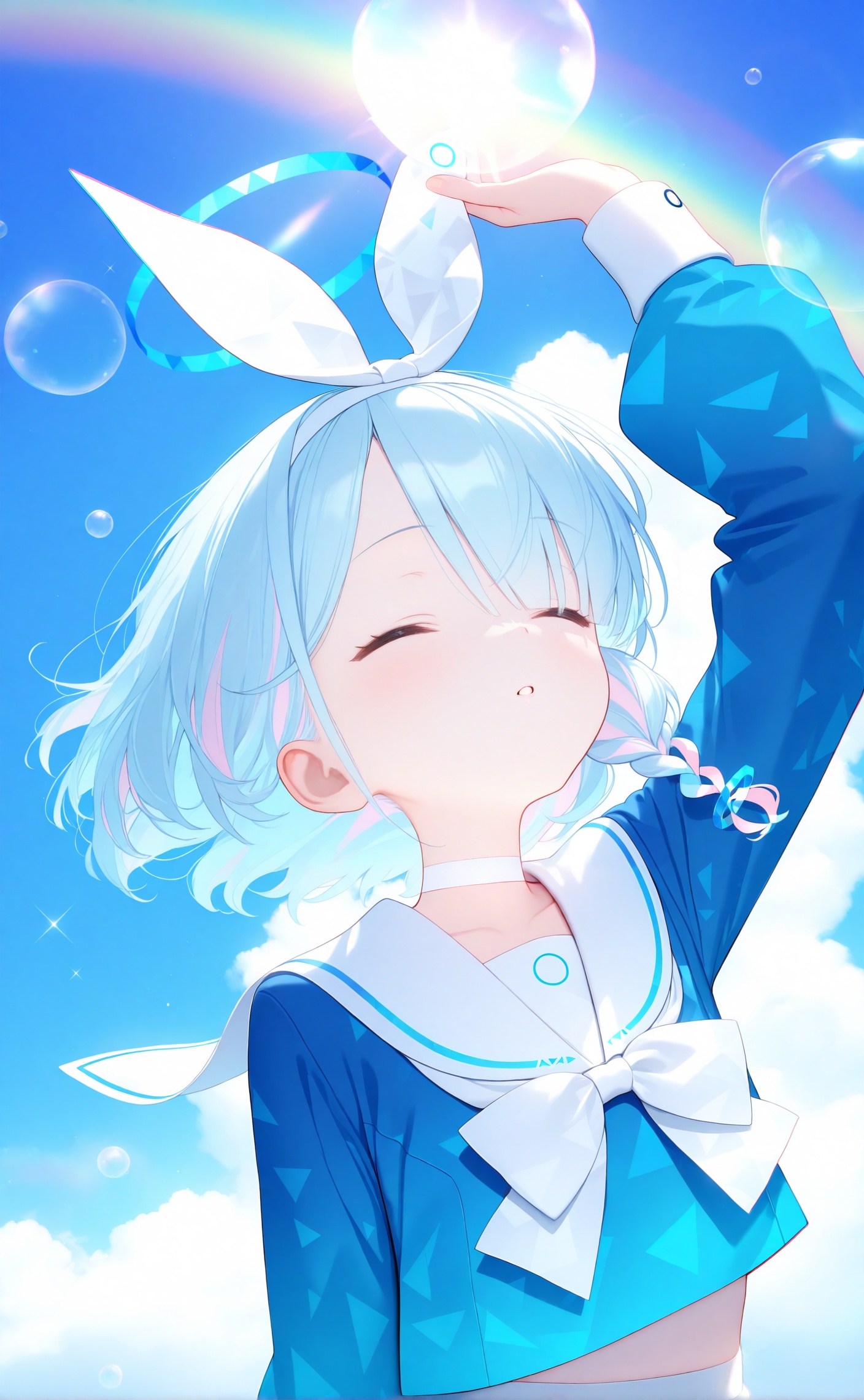 masterpiece,absurdres,best quality,loli,petite,high quality,chromatic_aberration,//,1girl,solo,arona (blue archive),closed eyes,blue hair,white sailor collar,white choker,sky,sailor collar,rainbow,braid,blue sky,upper body,long sleeves,choker,school uniform,shirt,bubble,short hair,parted lips,day,arm up,blue shirt,white bow,white ribbon,serafuku,bow,white neckerchief,white hairband,outdoors,blurry,multicolored hair,holding,cloud,sunlight,light blue hair,white bowtie,side braid,ribbon,hairband,floating hair,single braid,<lora:Nano_alens3>,