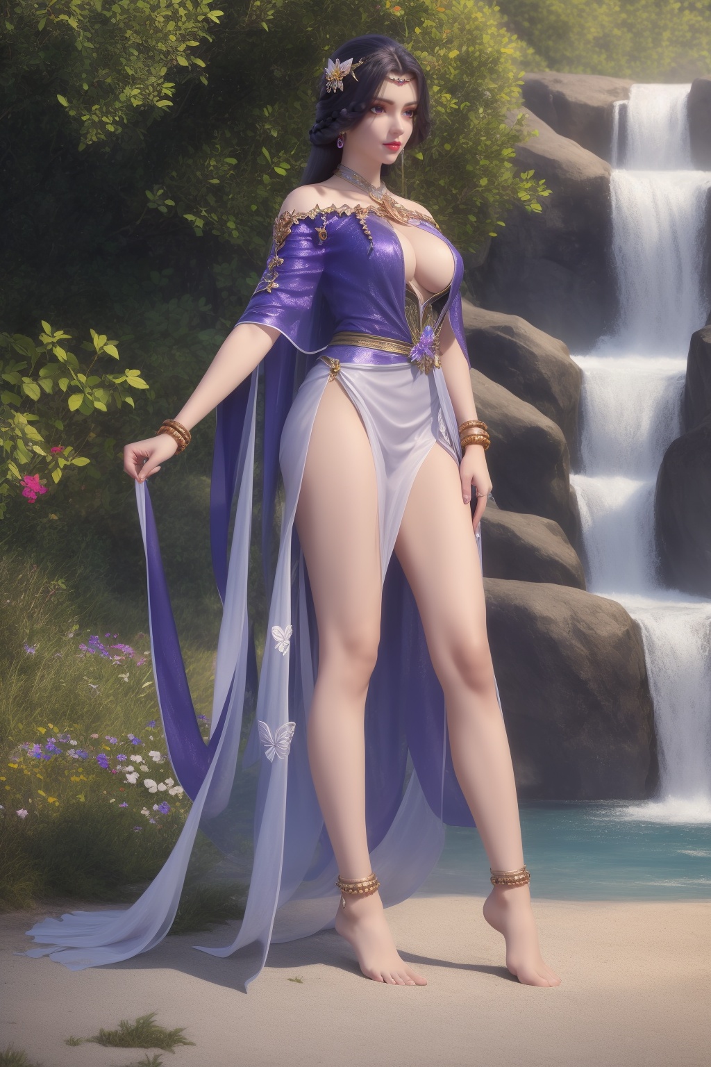 ultra realistic 8k cg,flawless,clean,masterpiece,professional artwork,famous artwork,perfect face,beautiful face,best quality,full_shot,absurdres,shenfengXiaoYunXi,1girl,solo,dress,cape,circlet,halterneck,standing,purple eyes,purple hair,shiny,torogao,smile,makeup,red lips,breasts,large breasts,jewelry,earrings,hair ornament,(outdoors:1.4),water,waterfall,butterfly,flower,braid,long hair,realistic,looking at viewer,barefoot,anklet,barefoot sandals,<lora:shenfengXiaoYunXi_20240106234614-000004:0.7>,
