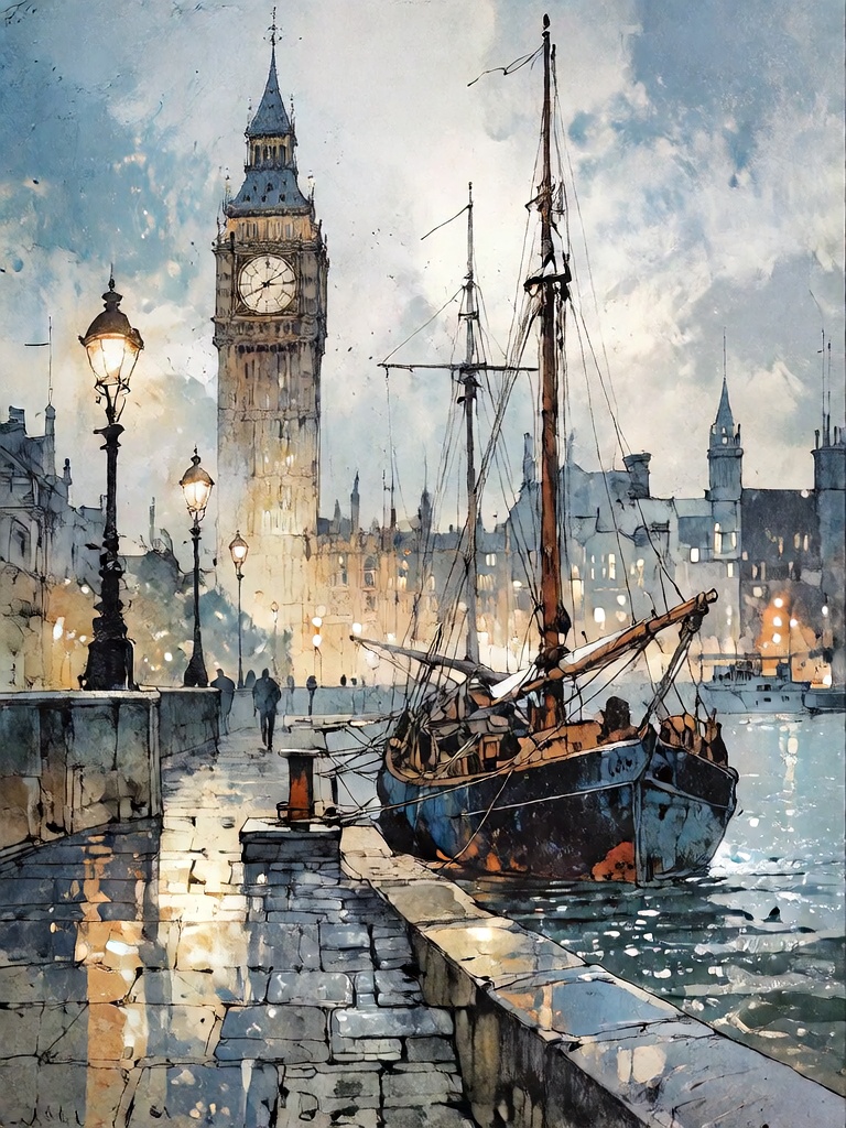 Bradhamel art style. A misty,  rainy evening along the River Thames in London,  with the Elizabeth Tower (Big Ben) looming...