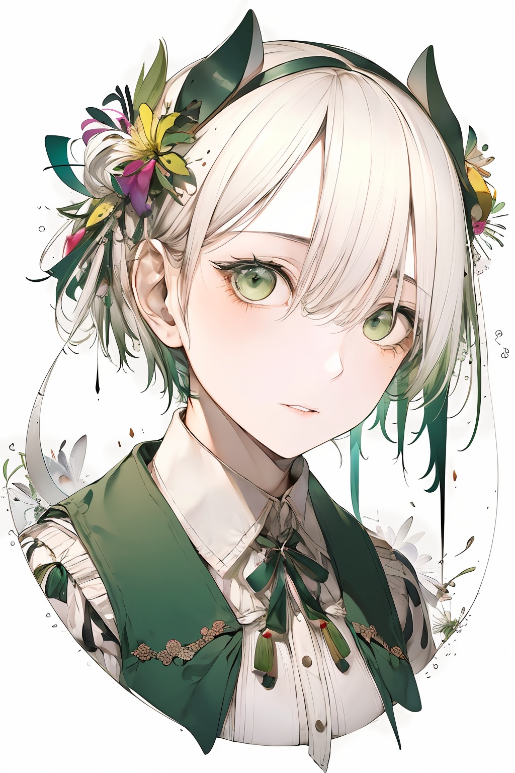 1girl,looking at viewer,short hair,bangs,simple background,abstract headpiece,hair between eyes,green eyes,flower,white hair,multicolored hair,parted lips,green hair,hair flower,portrait,<lora:lbc_Girly_v2.0-000006:0.8>,