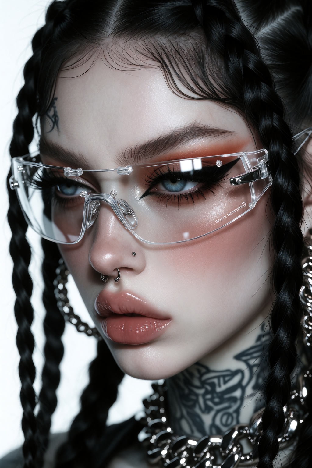 An extreme close-up,  three-quarter portrait captures a scowling woman with straight black white,  thin braided strands on...