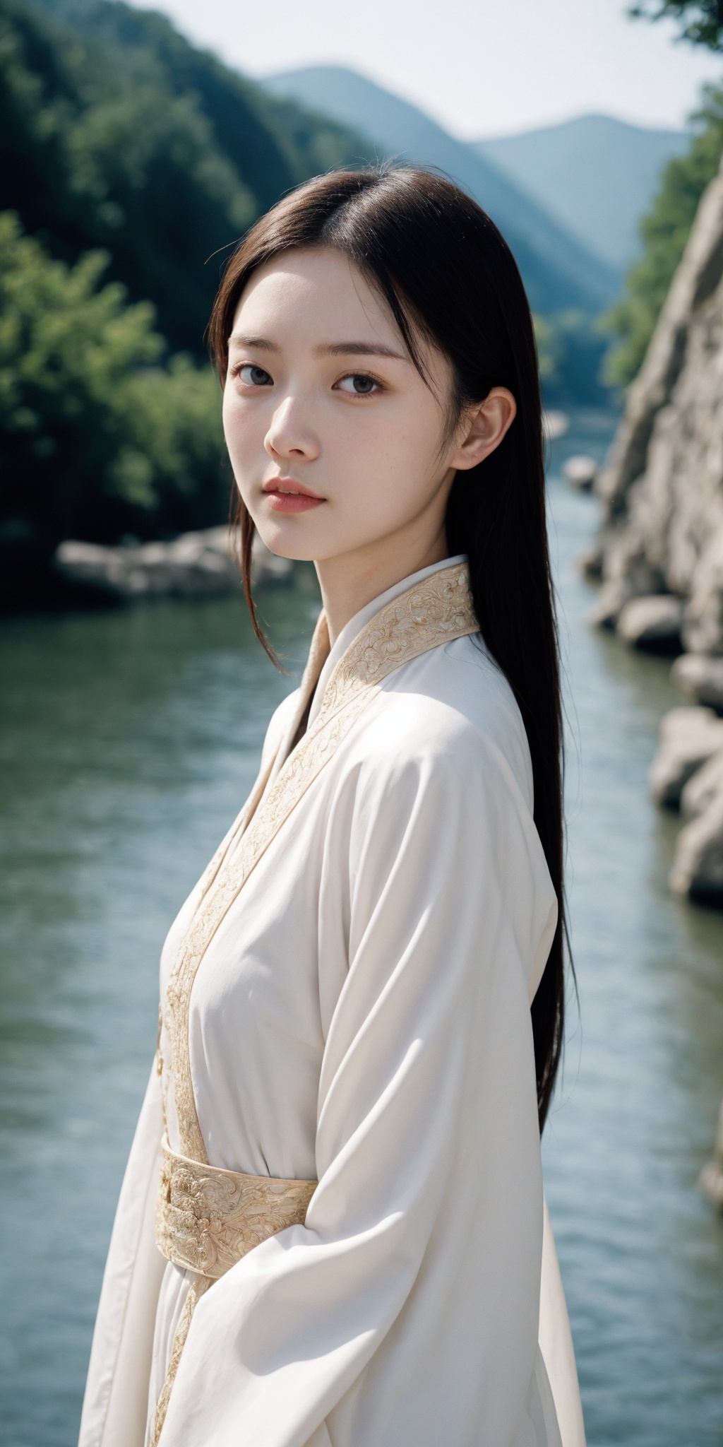 girl, white chinese clothes, realistic skin, skin pores, upper body, film grain, realistic, photorealistic, river,