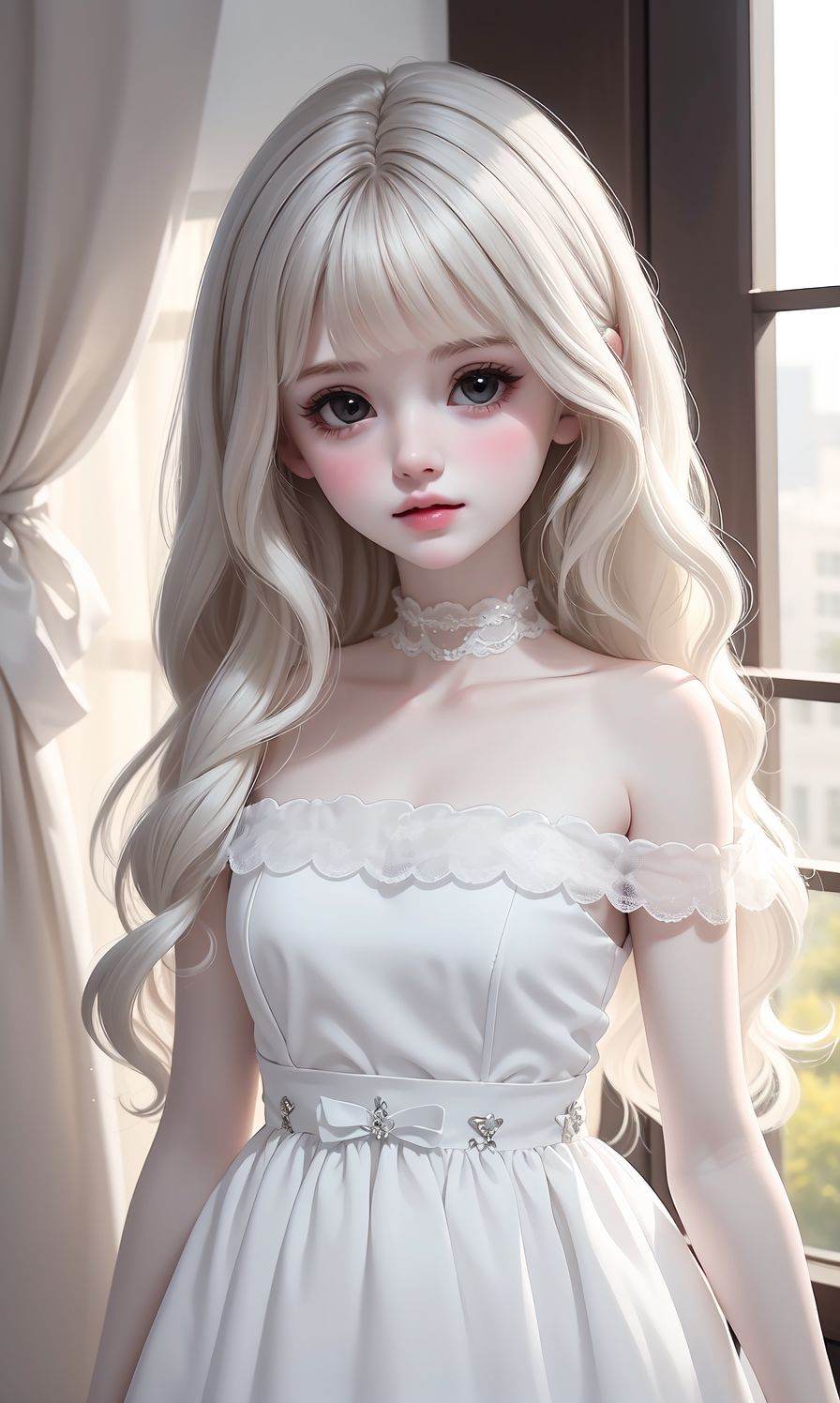 (Masterpiece:1.2), (best quality:1.2), (ultra high resolution:1.2), 1girl, solo, long hair, window, looking at viewer, white theme, white hair, curtains, pale skin, dress, white dress, black eyes, bare shoulders, upper body, lips, wavy hair, bow, choker, eyelashes, bangs, indoors , <lora:doll:0.5>