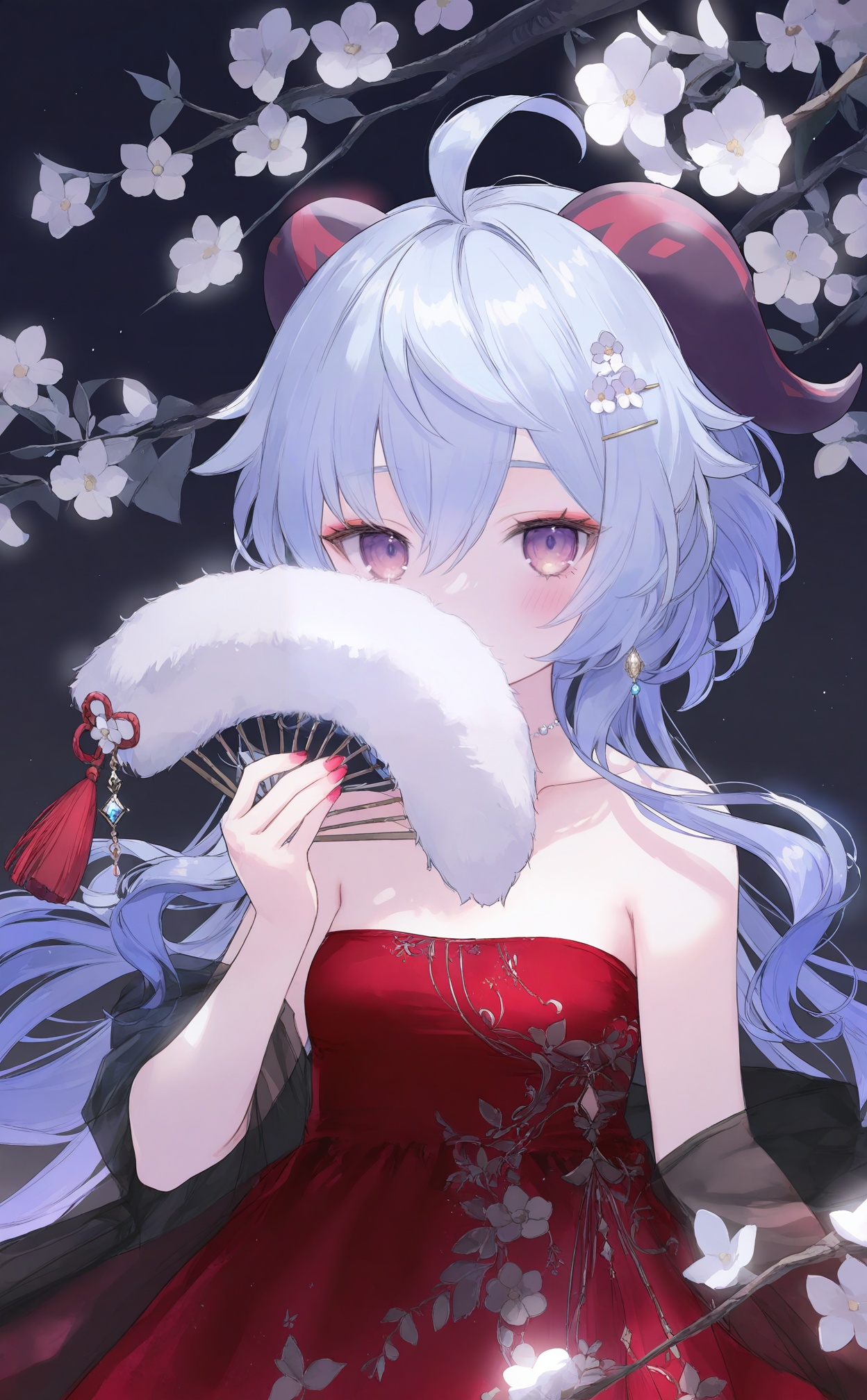 masterpiece,absurdres,best quality,loli,petite,high quality,chromatic_aberration,//,1girl,hair_ornament,solo,blue_hair,purple_eyes,hair_flower,horns,ganyu_\(genshin_impact\),hand_fan,flower,ahoge,looking_at_viewer,holding,holding_fan,folding_fan,jewelry,earrings,long_hair,red_nails,red_flower,bare_shoulders,red_dress,hair_between_eyes,hairclip,nail_polish,covering_own_mouth,black_background,alternate_costume,folded_fan,blush,dress,night,sidelocks,collarbone,breasts,covered_mouth,tassel,upper_body,makeup,goat_horns,white_flower,night_sky,dark_background,off_shoulder,strapless_dress,hand_up,strapless,//,//,<lora:guimao2——【noob】hans:1>,