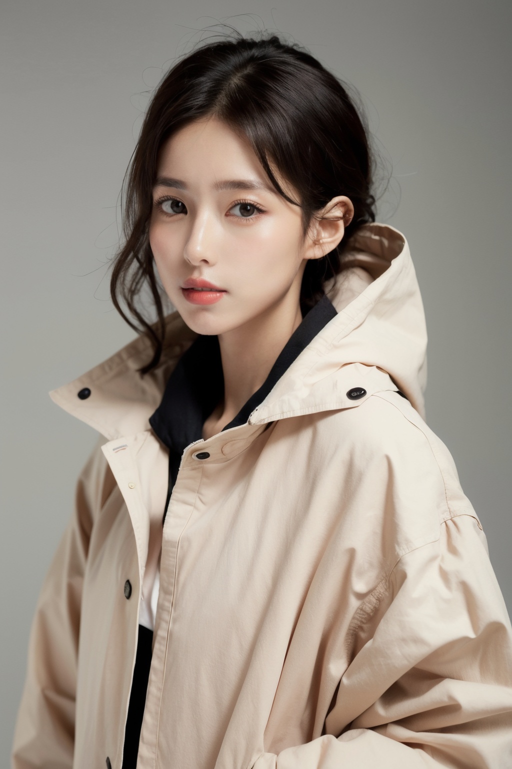 1girl, portrait, looking at viewer, white background, raincoat,