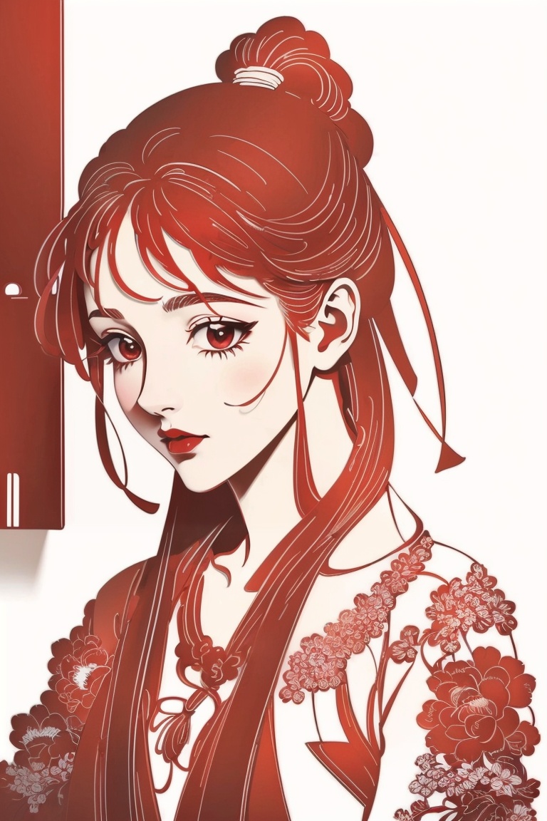 ((HRD, HUD, 8K)),((masterpiece, best quality)), highly detailed,paper-cut, monochrome, red theme, white background, simple background, 1girl, solo, black hair, ponytail, short hair, black eyes, lips, <lora:20231226-1703580387565:1>