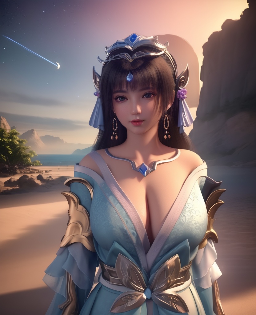 <lora:568-DA-星辰变-姜妍:0.8>(,1girl, ,best quality, ),looking at viewer,  ,,ultra detailed background,ultra detailed background,ultra realistic 8k cg, ,masterpiece, (( , )),, realistic,science fiction,mole, ultra realistic 8k cg, ,     ,crescent moon, jasmine \(flower\),     (cleavage), (),
