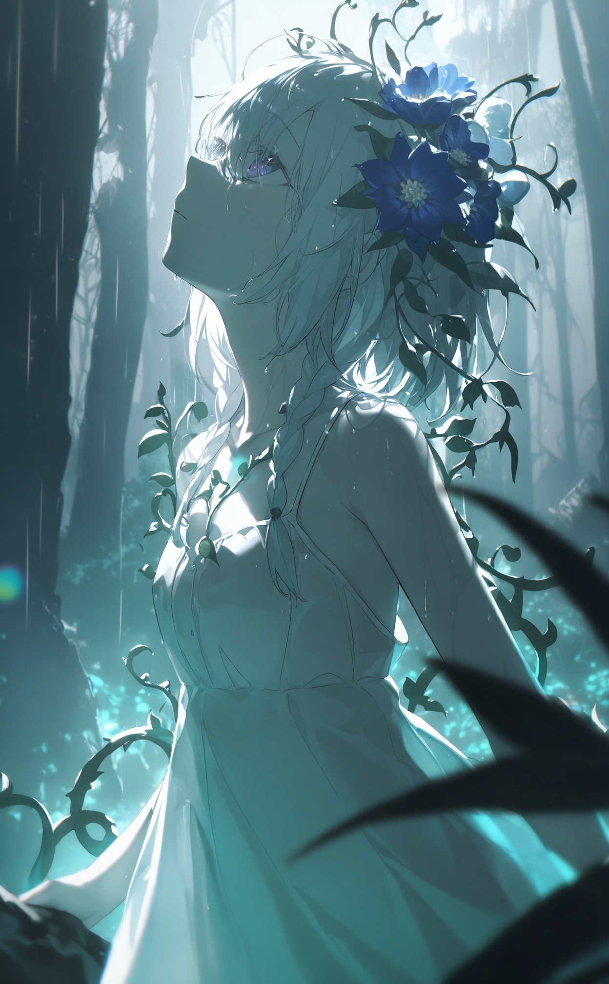 masterpiece,very aware,highres,absurdres,newest,best quality,loli,petite,high quality,chromatic_aberration,//,illustration,ultra detailed,hdr,Depth of field,(colorful),bust,late at night,dark,light rain,dark,contrast,phenomenal aesthetic,(detailed light),light rain,dark,(((Cornflower))),cornflower,cornflower,vines,forest,ruins,Blurred picture,lens flare,hdr,Tyndall effect,damp,wet,1girl,bare shoulders,cold theme,broken glass,broken wall,aqua theme,white hair,blinking,white dress,closed mouth,constel lation,flat color,braid,white robe,float,constel lation,looking up,standing,solo,//,<lora:konya_karasue——【noob】hans:0.8>,
