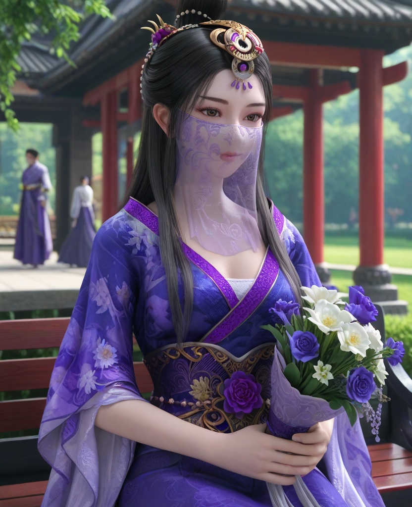 (oriental architecture, elegant decor, sophisticated style:1.1),(Sitting on a park bench, holding a bouquet of flowers, with a smile of joy and gratitude,:1.1),(breasts:1.2),<lora:XL16墓王之王圣女神差沐雪离:0.95>,miss muxueli,blue violet dress,mouth veil,brown eyes,black hair,long hair,single hair bun,hair ornament,hanging hair,floral print,sash,, score_9,score_8_up,score_7_up,score_6_up,score_5_up,score_4_up,3d rendering,tag1,tag2, Cinematic Lighting,backlighting,