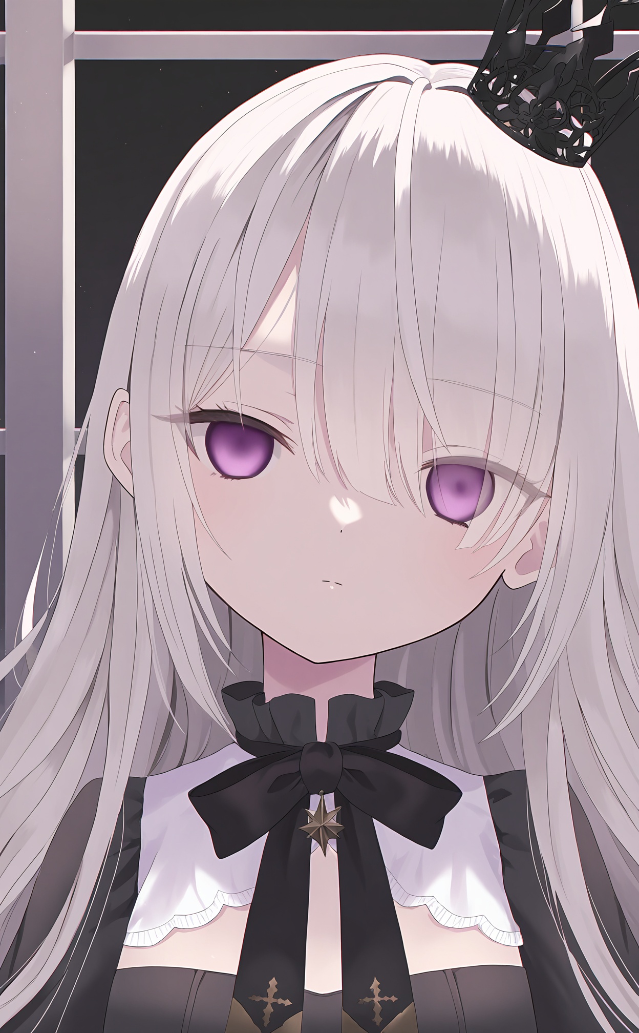 masterpiece,very aware,highres,absurdres,newest,best quality,loli,petite,high quality,chromatic_aberration,//,1girl,solo,long hair,crown,purple eyes,bow,black bow,eyes visible through hair,mini crown,grey hair,window,dress,black dress,closed mouth,white hair,expressionless,portrait,black bowtie,empty eyes,hair over one eye,//,<lora:paruno——【noob】hans:0.88>,