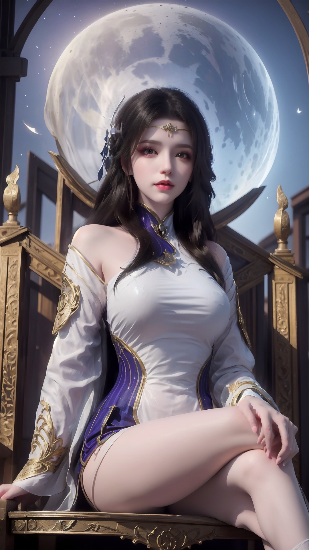 The image is a digital illustration of a young woman sitting on a throne. She is wearing a white and purple outfit with gold accents. The outfit has a high neckline and long sleeves. She has long dark hair that is styled in loose waves and falls over her shoulders. The woman is sitting with her legs crossed and her hands resting on her lap. The background is a dark blue sky with a crescent moon and a castle in the distance. The overall mood of the image is mystical and regal..,<lora:1.5玄衣5lora.by_tusi:0.8>,
