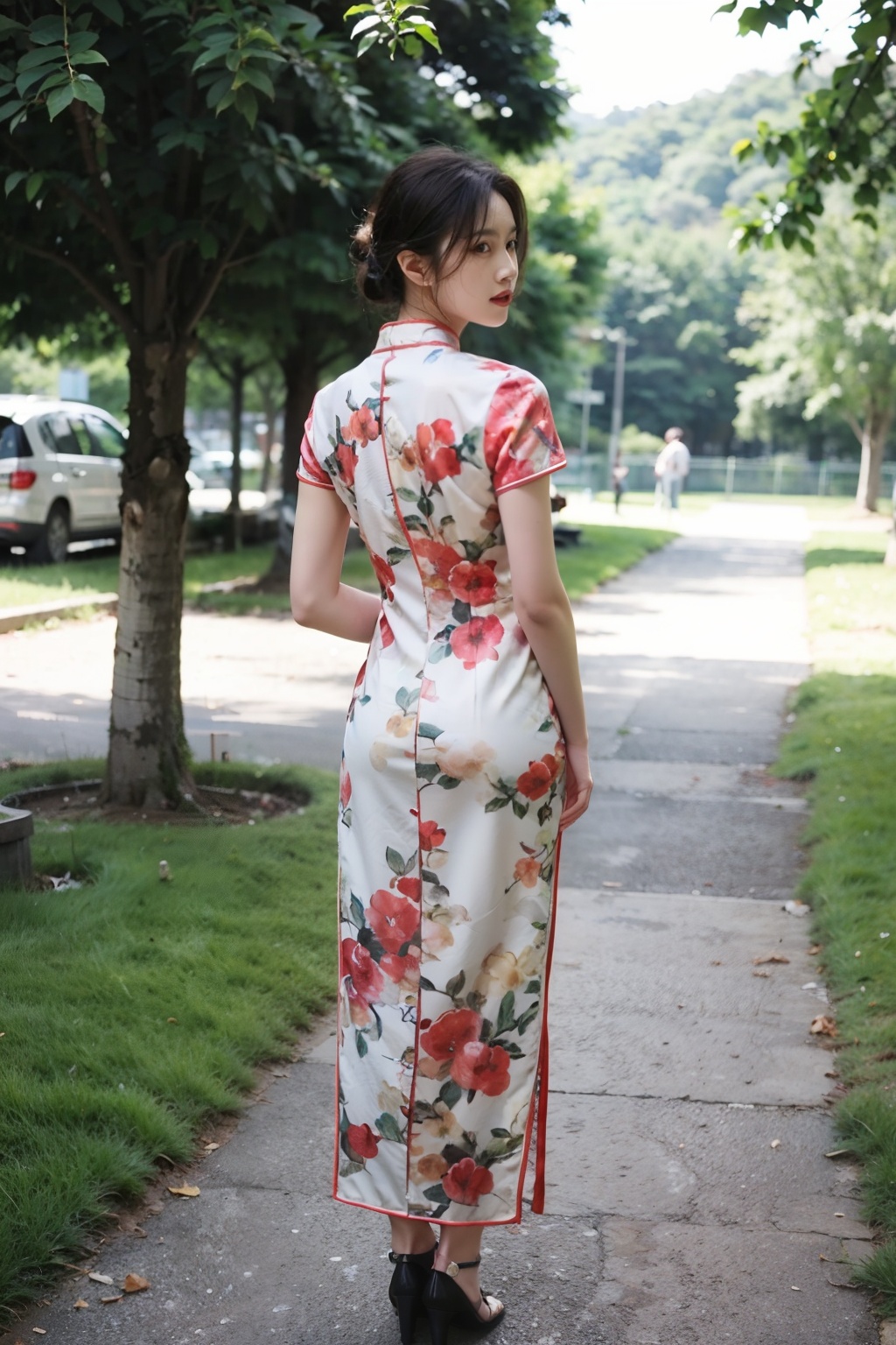 1girl,qipao,Standing,full body,photorealistic,<lora:旗袍:0.6>,looking at viewer,arms behind back,outdoors,lips,