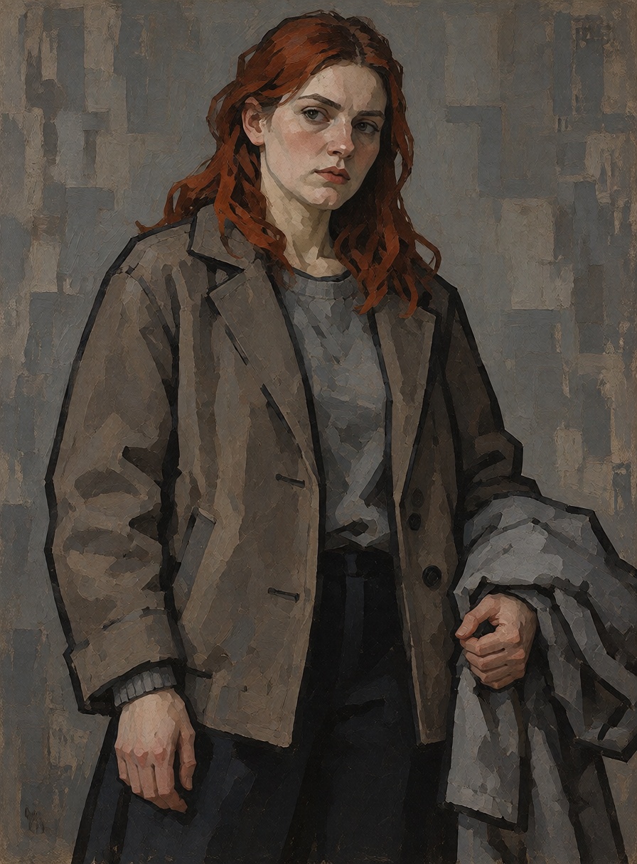 A young woman standing with a folded coat over one arm. on Tensor.Art