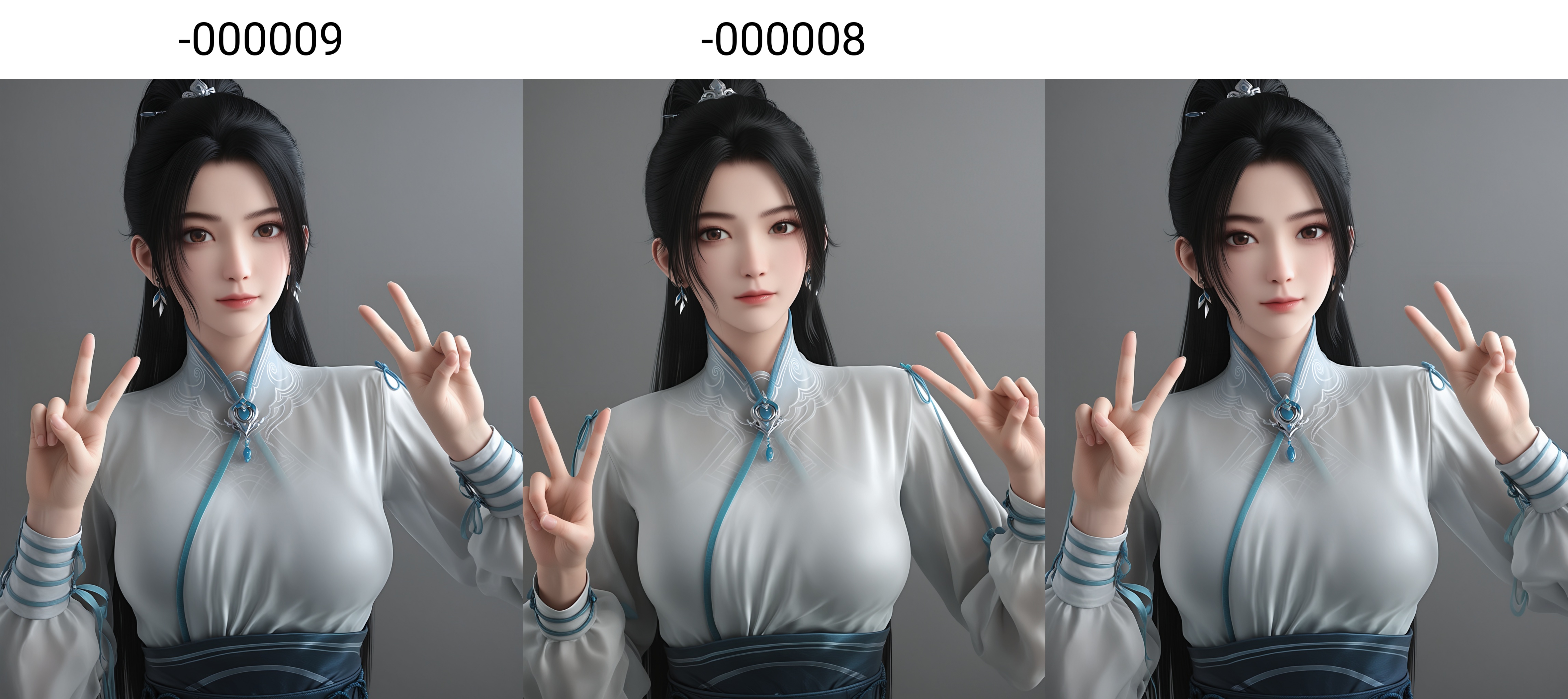 (score_9),masterpiece,best quality,absurdres,highres,BREAKwhite_skin,(fair_skin:1.1),<lora:宁姚-ill-000009:0.85>,ningyao,1girl,solo,long hair,black hair,ponytail,jewelry,earrings,brown eyes,chinese clothes,sash,collarbone,(large breasts),puffy chest,looking at viewer,happy_birthday,happy_new_year,front view,(upper body),(double_v:1.1),BREAKsimple background,Tyndall effect,Cinematic Lighting,Volumetric Lighting,