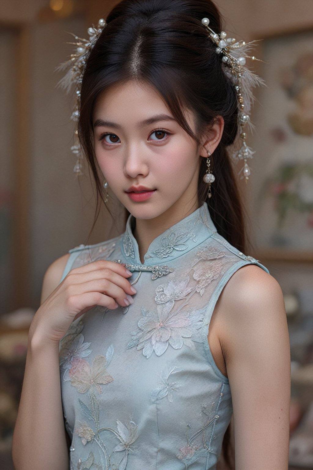 A young Asian woman,  estimated age range of early twenties,  gracefully poses on Tensor.Art