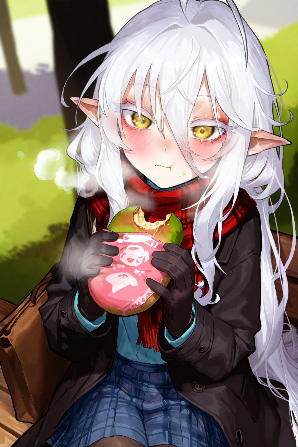 highres,absurdres,Visual impact,masterpiece,best quality,very aesthetic,amazing quality,very awa,newest,<lora:EkreaJan-Style-000050>,\\,(face focus:1.5),simple background,(close-up:1.5),(portrait:1.1),upper body,1girl,solo,elf ears,very long hair,white hair,hair between eyes,(messy hair:1.3),ahoge,yellow eyes,red eyeshadow,long sidelocks,White dense eyelashes,sitting,outdoors,bag,bread,plaid scarf,gloves,long sleeves,black footwear,crossed legs,black coat,brown pantyhose,breath,pleated skirt,blue skirt,plaid skirt,blush,holding,eating,
