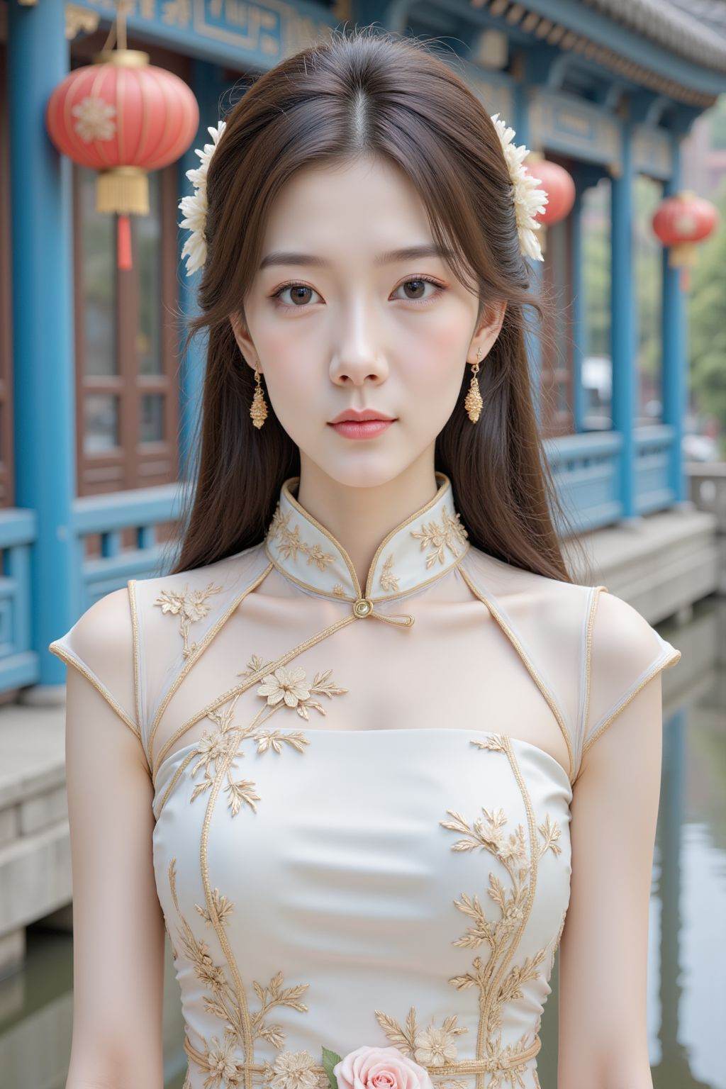 A photograph of a young Asian woman with fair skin, long dark hair adorned with white flowers, and delicate facial features. She wears a traditional white Chinese cheongsam dress with gold embroidery and sheer sleeves. The dress has a floral belt. The background features a vibrant blue wooden structure with red lanterns, and a serene water body reflecting the scene. The overall aesthetic is elegant and traditional.