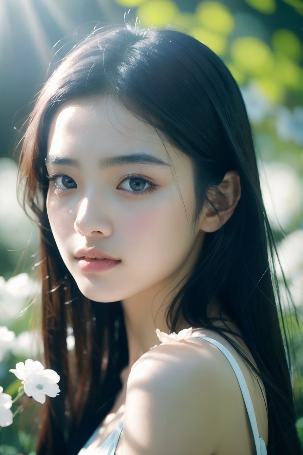 1girl,asians,Camera film style,A young woman with dark hair and intense eyes is captured in a close-up, holding a bouquet of delicate blue flowers. The sunlight filters through the petals, casting a soft glow on her face and creating a dreamy ambiance. The background is blurred, allowing the viewer to focus solely on her., masterpiece,best quality,