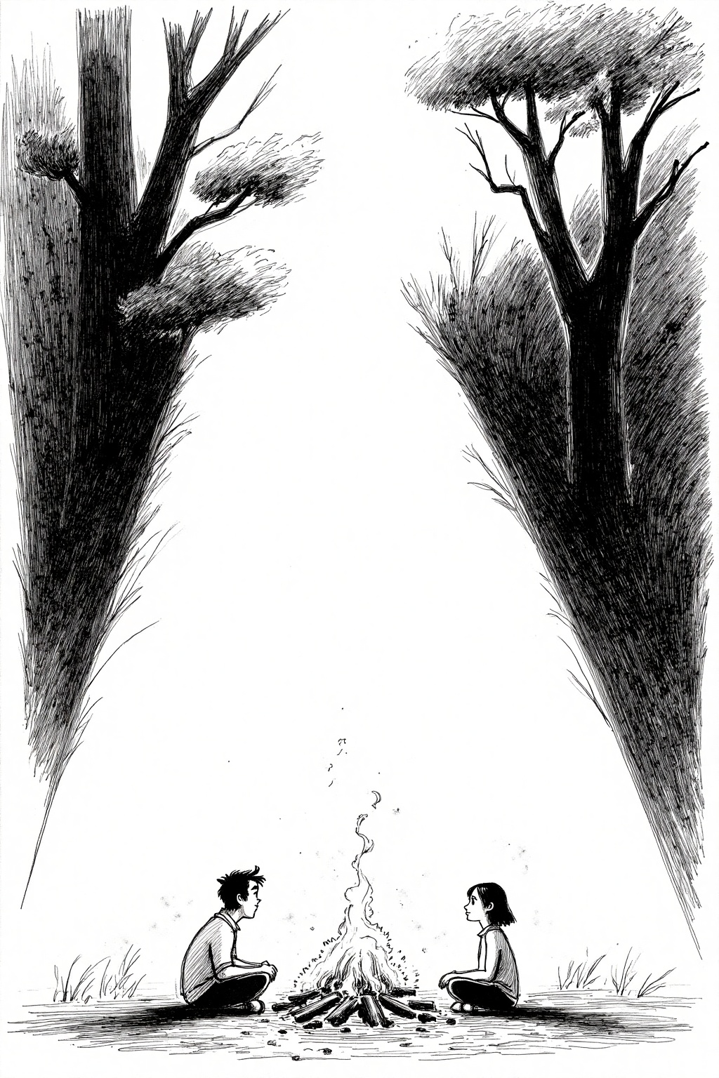 beijihui,A black and white drawing of a man and woman sitting in front of a fire. The man is sitting on the ground with his hands on his knees. The woman is sitting with her hands on her knees. She is looking at the man with her eyes closed. The fire is burning in the middle of the image. There is a large tree to the right of the man. The tree is casting a shadow on the left and right sides of the scene.