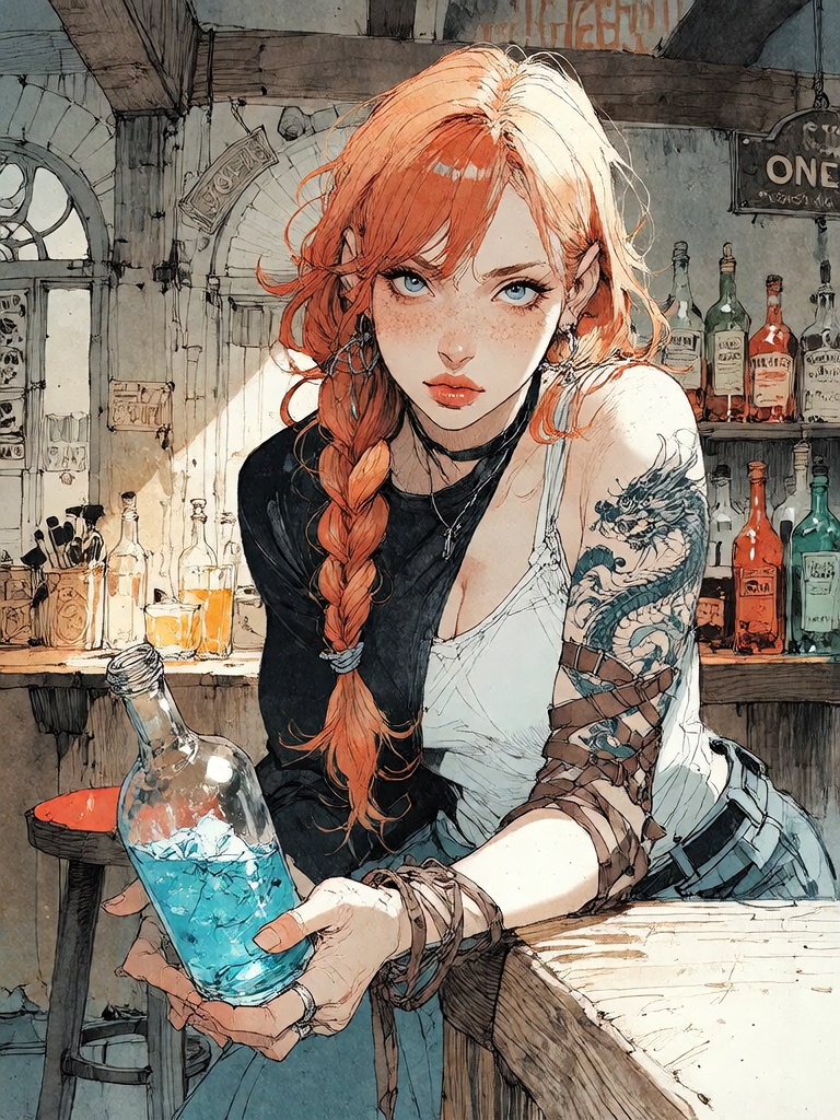 Bradhamel art style. A young woman with vibrant orange-red hair styled in a long braid over her shoulder,  wearing a black...