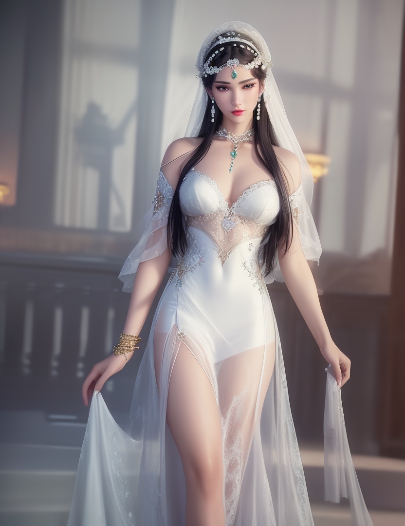 ultra realistic 8k cg, picture-perfect face, flawless, clean, masterpiece, professional artwork, famous artwork, cinematic lighting, cinematic bloom, perfect face, beautiful face, fantasy, dreamlike, unreal, science fiction,  beautiful clothes, lace, lace trim, lace-trimmed legwear,  (rich:1.4), prestige, luxury, jewelry, diamond, gold, pearl, gem, sapphire, ruby, emerald, intricate detail, delicate pattern, charming, alluring, seductive, erotic, enchanting, hair ornament, necklace, earrings, bracelet, armlet,halo((,1girl, pov,))(((,  1girl,  solo,looking at viewer, ))),(((1girl, solo, dress, white_dress, jewelry)))<lora:DA_WhiteSnakeGreenSnake:0.7>