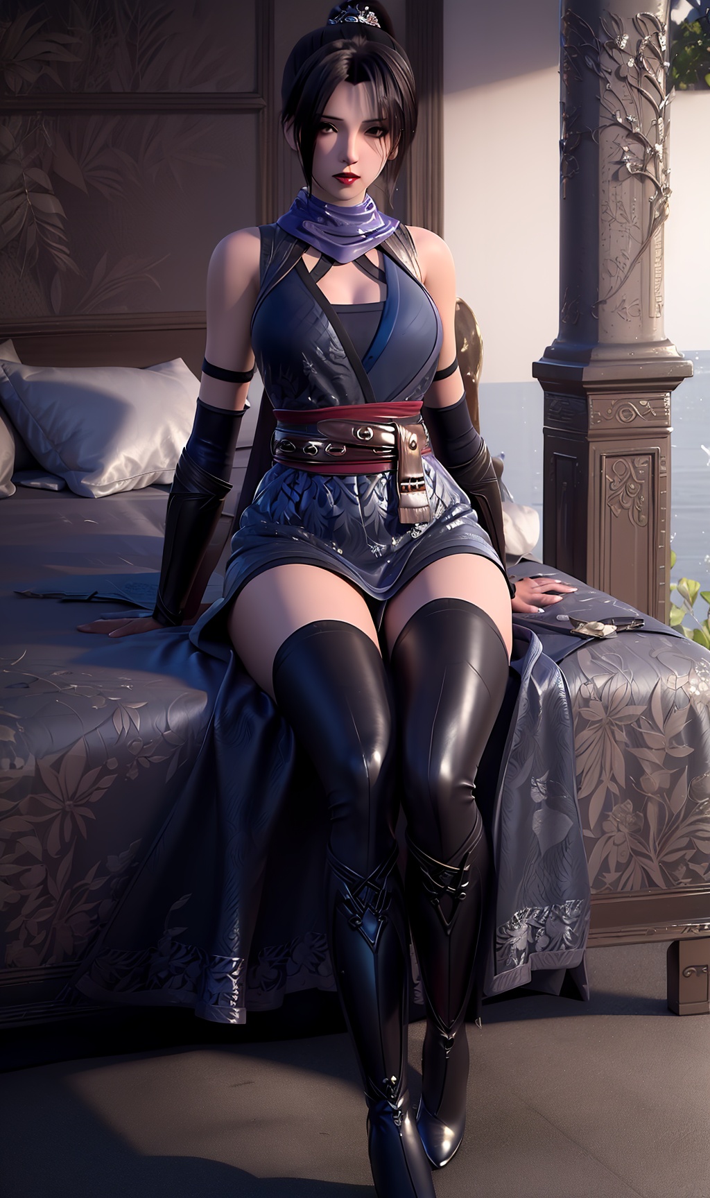 3D,masterpiece,(best quality),(makeup),official art, extremely detailed cg 8k wallpaper,((crystalstexture skin)), (extremely delicate and beautiful),(highly detailed),(face),(ponytail),(wristband),(scarf),(1girl), (solo), (jewelry), (earrings),(black_hair),(long_hair),(hair_ornament),(handwear),(breasts),(sitting),((full_body,whole_body)),(closed_mouth),(off-shoulder_dress),(long_skirt),(chinese_clothes),(dress),,(multicolored_clothes),(multicolored_dress),(shiny_clothes),(city,outdoor,bed),(thighhighs),(long_legs),(sash),(gown),,((looking_at_viewer)),((Facing the camera)),(boots), (high_heels),(high_heel_boots), , <lora:hipoly3DModelLora_v10:0.3>