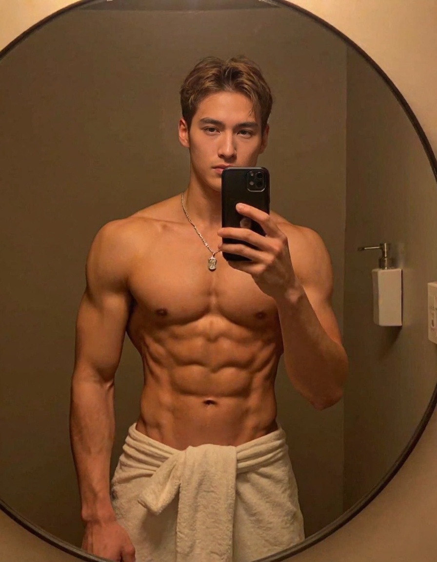 This is a photograph taken in a dimly lit room,likely a bathroom,given the setting. The image captures a young,muscular man with a lean,athletic build,standing in front of a large,round mirror. He is holding a smartphone in his right hand,taking a selfie. The man has short,light brown hair and a light skin tone. He wears a white towel wrapped around his waist,which is slightly askew,revealing a glimpse of his athletic physique. His chest and abs are well-defined,showcasing a toned physique. A silver necklace with a pendant hangs around his neck. The background is a plain,off-white wall with a few visible objects,including a soap dispenser and a towel holder,which are attached to the wall. The overall atmosphere is casual and intimate,with a focus on the subject's physique. The lighting is warm and dim,creating a cozy ambiance. The mirror's frame is a simple,round design that adds a touch of elegance to the setting,but the overall feel is relaxed and personal. The photograph appears to be a candid,unposed moment,emphasizing the subject’s natural beauty and confidence. The setting is likely a private space,given its personal and intimate nature. The style of the image is casual,with an emphasis on the natural and unposed atmosphere. The photo is likely taken with a smartphone,given his use of it as a mirror.,<lora:majichandsome2:0.8>,