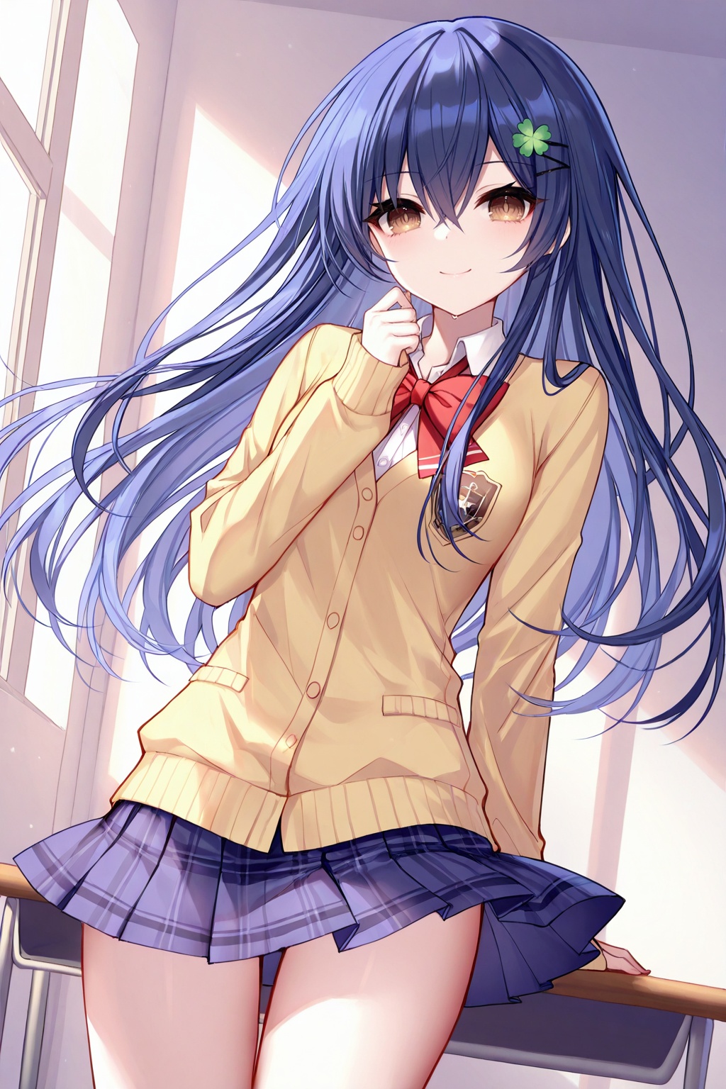 masterpiece, best quality, newest, absurdres, highres,quan \(kurisu tina\), bison cangshu,   itsuka shiori, 1girl, blue hair, brown eyes, hairclip, four-leaf clover hair ornament,smile,school uniform, jacket,<lora:shioriXLNAI:1>, masterpiece, best quality, newest, absurdres, highres,(nibiiro shizuka:0.6), (torino aqua: 0.5),(shanguier:0.4),(ningen mame:0.5),(mignon:0.5),(sheya:0.6),