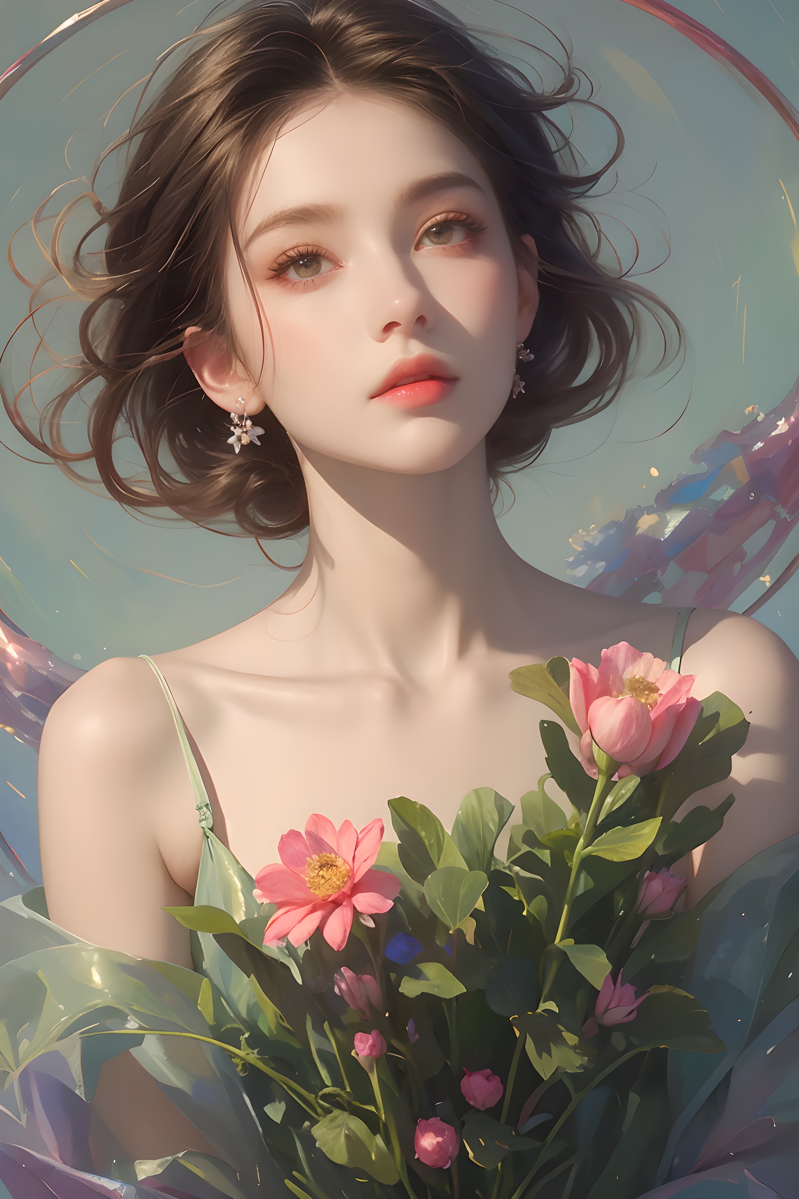 Psychedelic style doodle of a girl,pretty face,lovely dress,dynamic angle,flowers,plants,Vibrant colors,abstract forms,surreal,full_body, <lora:春风十里:0.8>