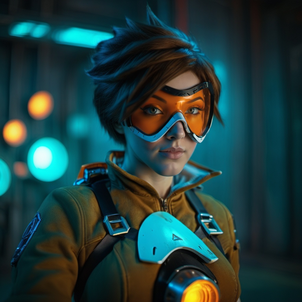 cinematic photo a woman with an orange glassmask in a futuristic cyberpunk background,  neon lights . 35mm photograph,  fi...