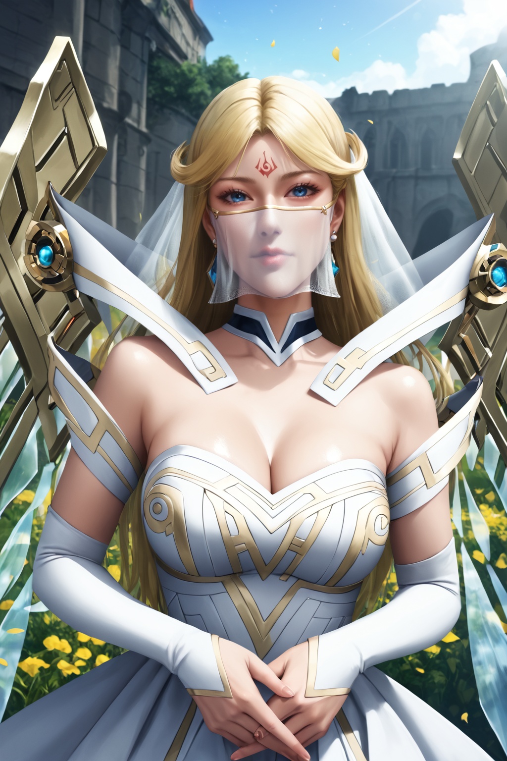 safe_pos,score_9,score_8_up,score_7_up,Xuehuang,1girl,blonde hair,blue eyes,veil,solo,mouth veil,lipstick,red lips,dress,mechanical wings,wings,looking at viewer,white dress,mask,long hair,earrings,bare shoulders,jewelry,gloves,elbow gloves,breasts,forehead mark,looking at viewer,(cowboy shot:1.5),nice hands,<lora:pony超兽武装-雪皇:0.8>,huge breasts,cleavage,(highres, high quality:1.3),intricate details,sharp focus,depth of field,outdoors,sunlight,soft focus,bright skin,Holy lighting,white skin,mature female,magnificent architecture,beautiful detailed sky,overexposure,dynamic pose,dynamic angle,<lora:add-detail-xl:0.5>,mature female,curvy,shiny skin,oiled skin,Expressiveh,((ink)),(water color),bloom effect,detailed beautiful grassland with petal,flower,butterfly,petal,(((surrounded by heavy floating petal flow))),