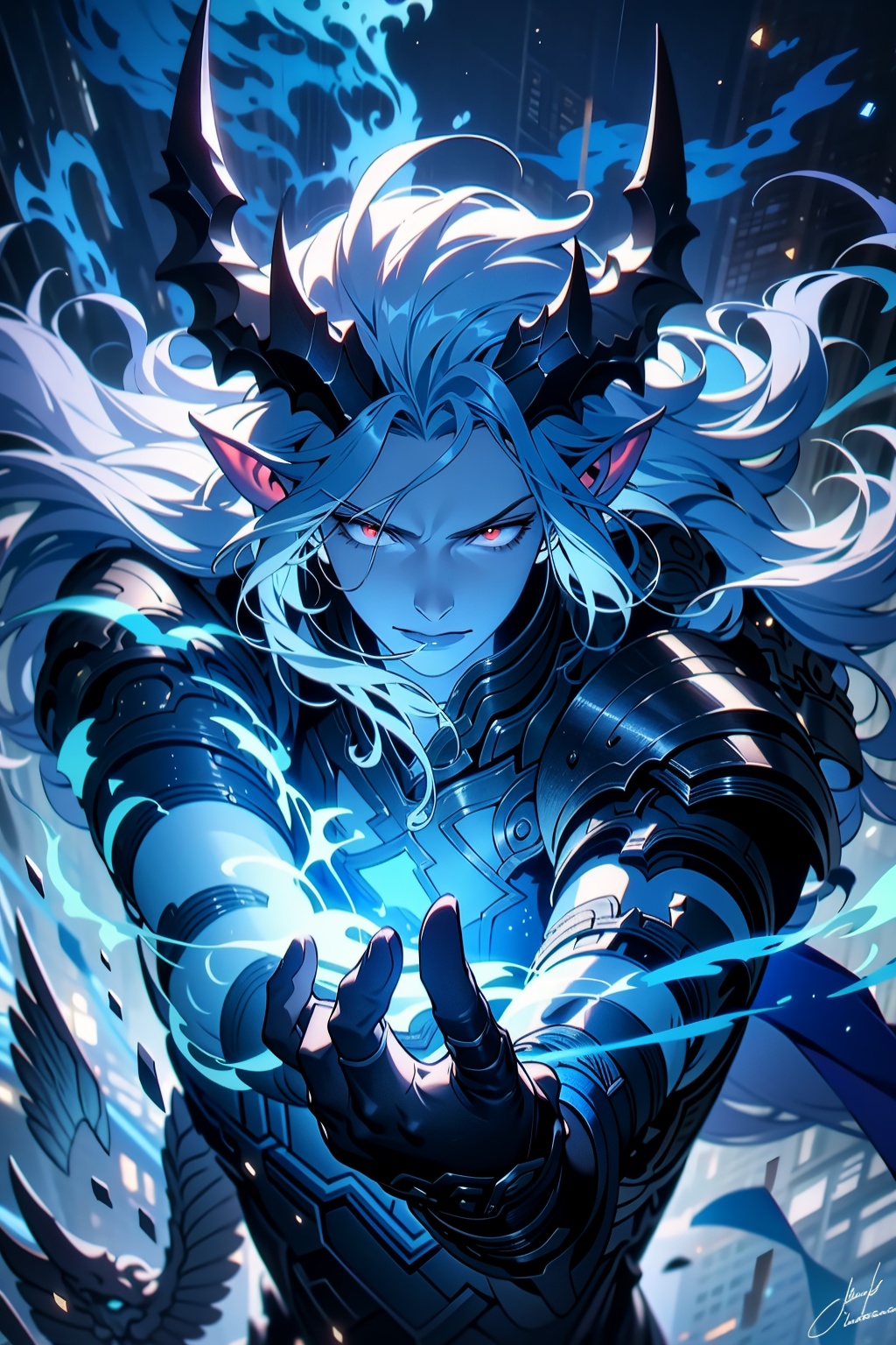 FF,(masterpiece:1.2),best quality,highres,extremely detailed CG,perfect lighting,8k wallpaper,anime,comic,game CG,solo,horns,long hair,white hair,colored skin,red eyes,glowing,blue skin,pointy ears,floating hair,1boy,armor,male focus,fire,signature,glowing eyes,artist name,gloves,blue theme,black gloves,1girl,closed mouth,torn clothes,