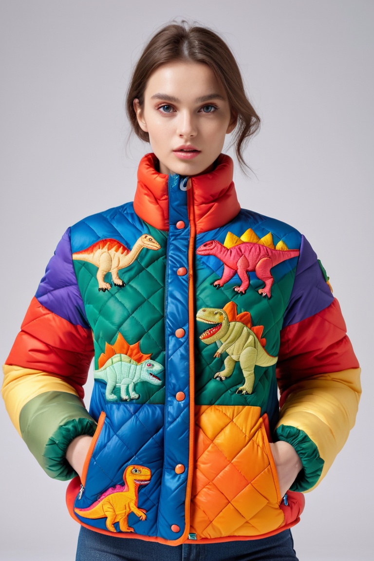 front-view photoshoot of a naive dinosaure pattern embroidered quilted down jacket,  in the style of colorful,  eye-catchi...